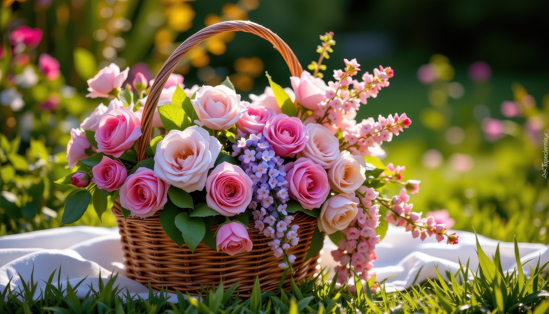 Kwiaty, Kolorowe, Róże, Koszyk, Ogród