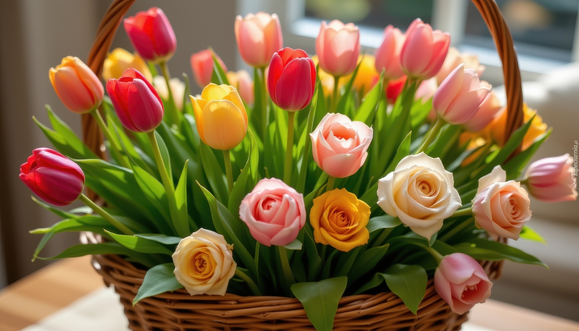 Kwiaty, Kolorowe, Tulipany, Róże, Wiklinowy, Koszyk