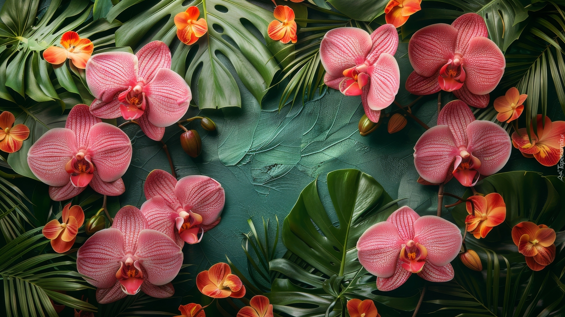 Storczyki, Orchidee, Kwiaty, Liście, Monstera