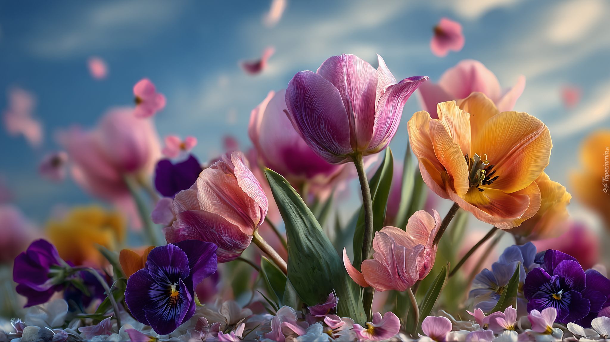 Kolorowe, Kwiaty, Tulipany, Bratki, Grafika AI