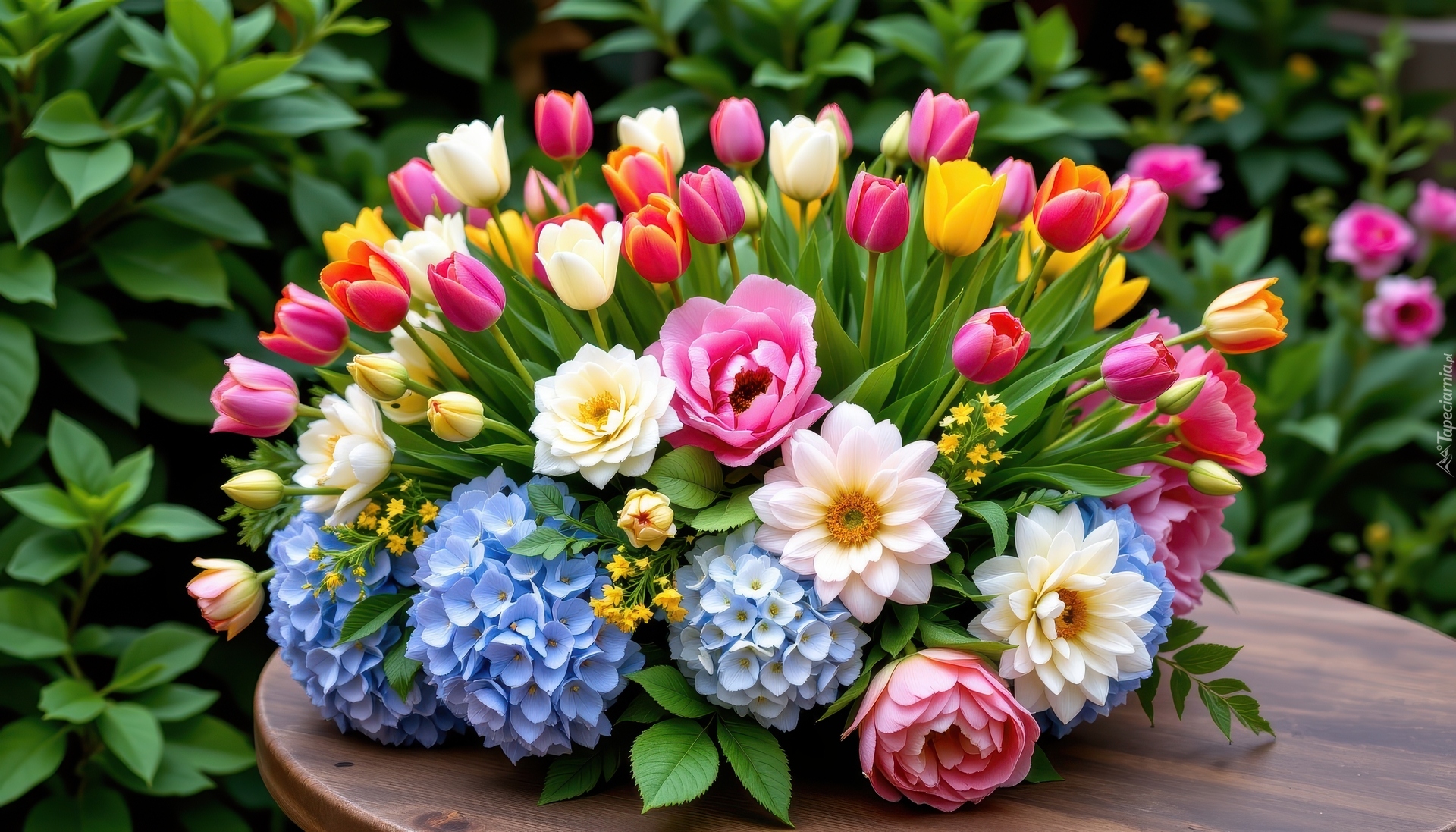 Bukiet, Kwiaty, Tulipany, Hortensje, Stolik