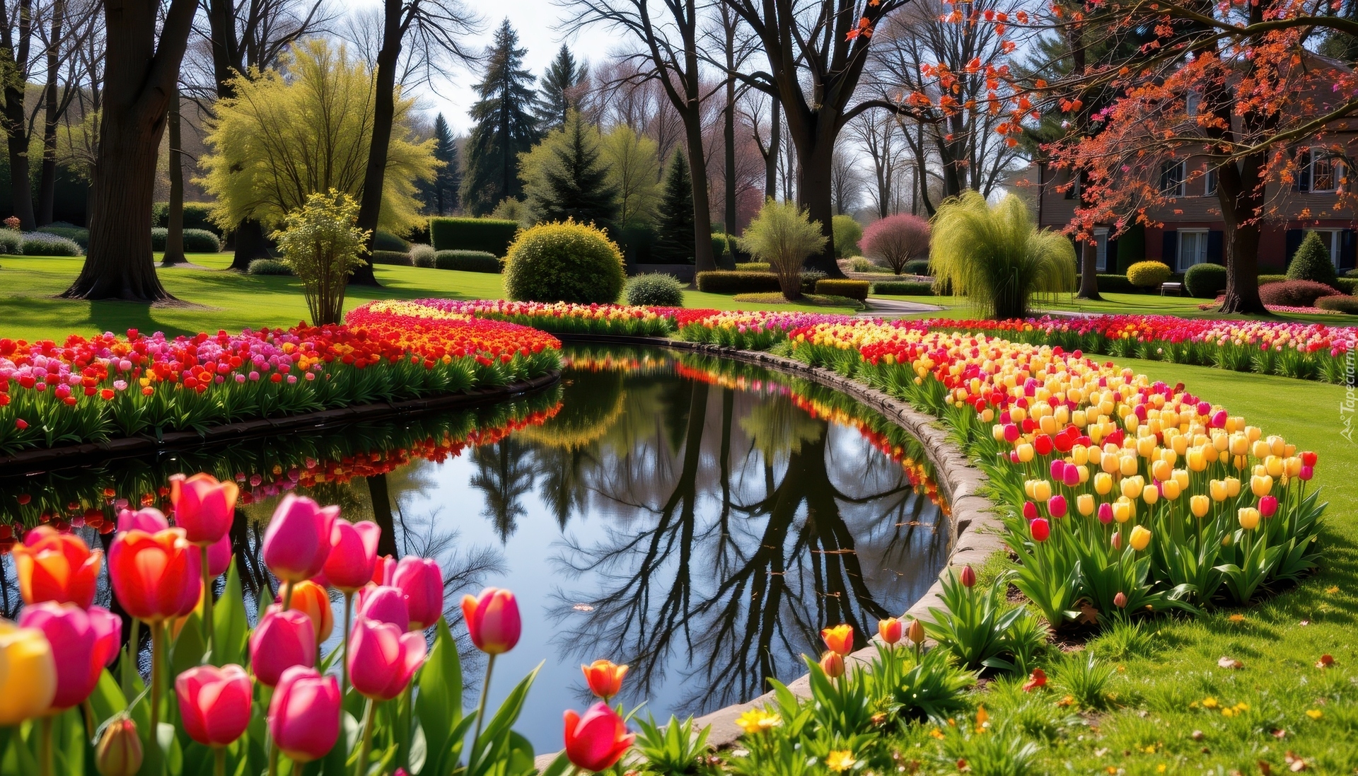 Park, Kwiaty, Tulipany, Drzewa, Wiosna