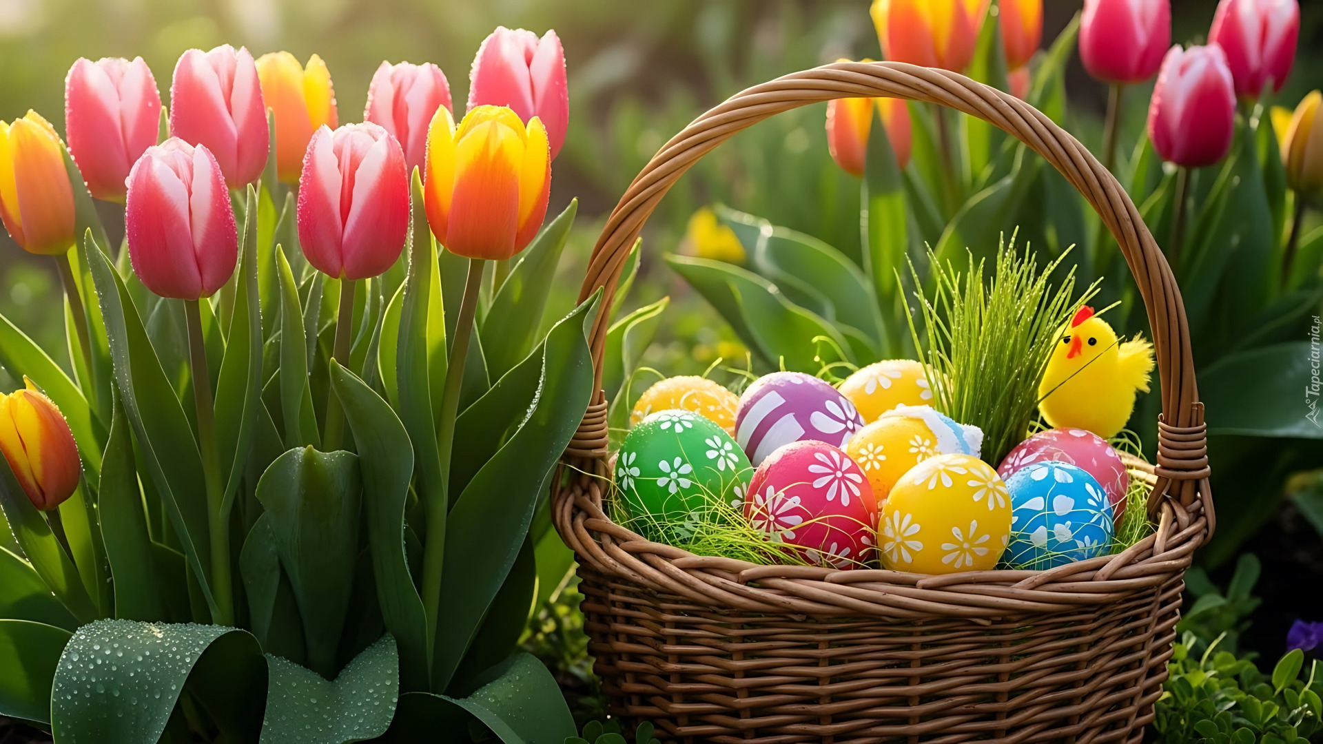 Wielkanoc, Koszyk, Kolorowe, Pisanki, Kurczaczek, Kwiaty, Tulipany