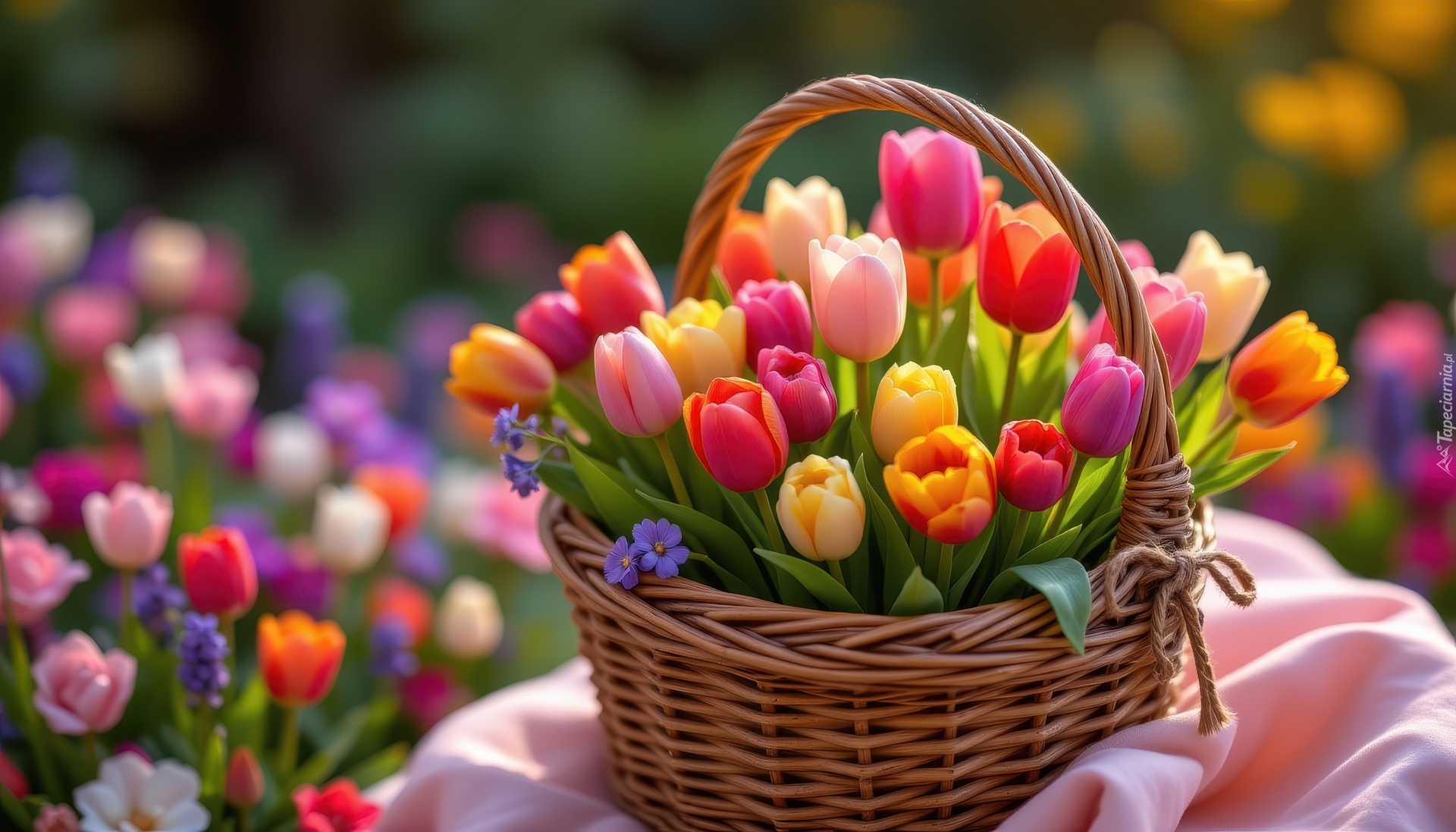 Kwiaty, Tulipany, Kolorowe, Koszyk, Wiklinowy
