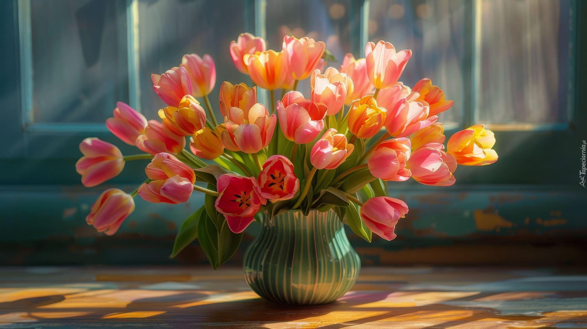Kwiaty, Tulipany, Wazon, Okno, Przebijające światło