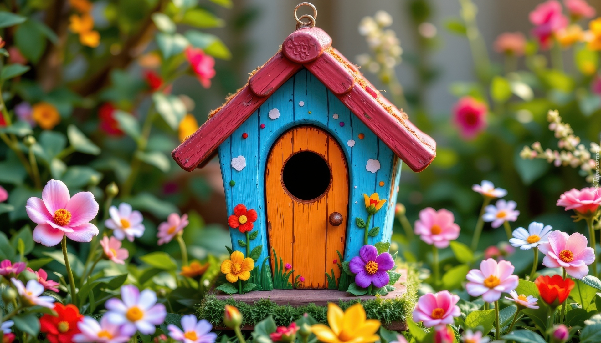 Kolorowy, Domek, Budka, Kwiaty, Dekoracja