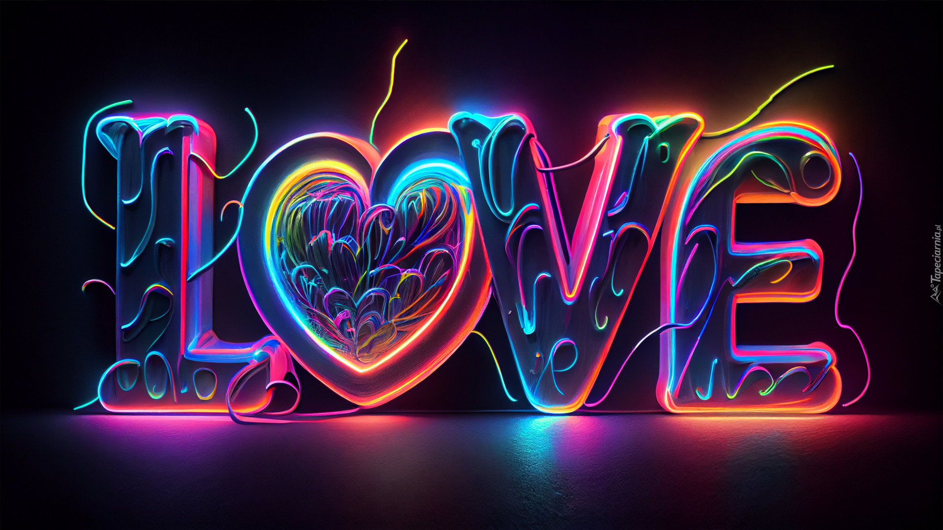 Miłość, Neon, Napis, Love, Czarne, Tło, Grafika