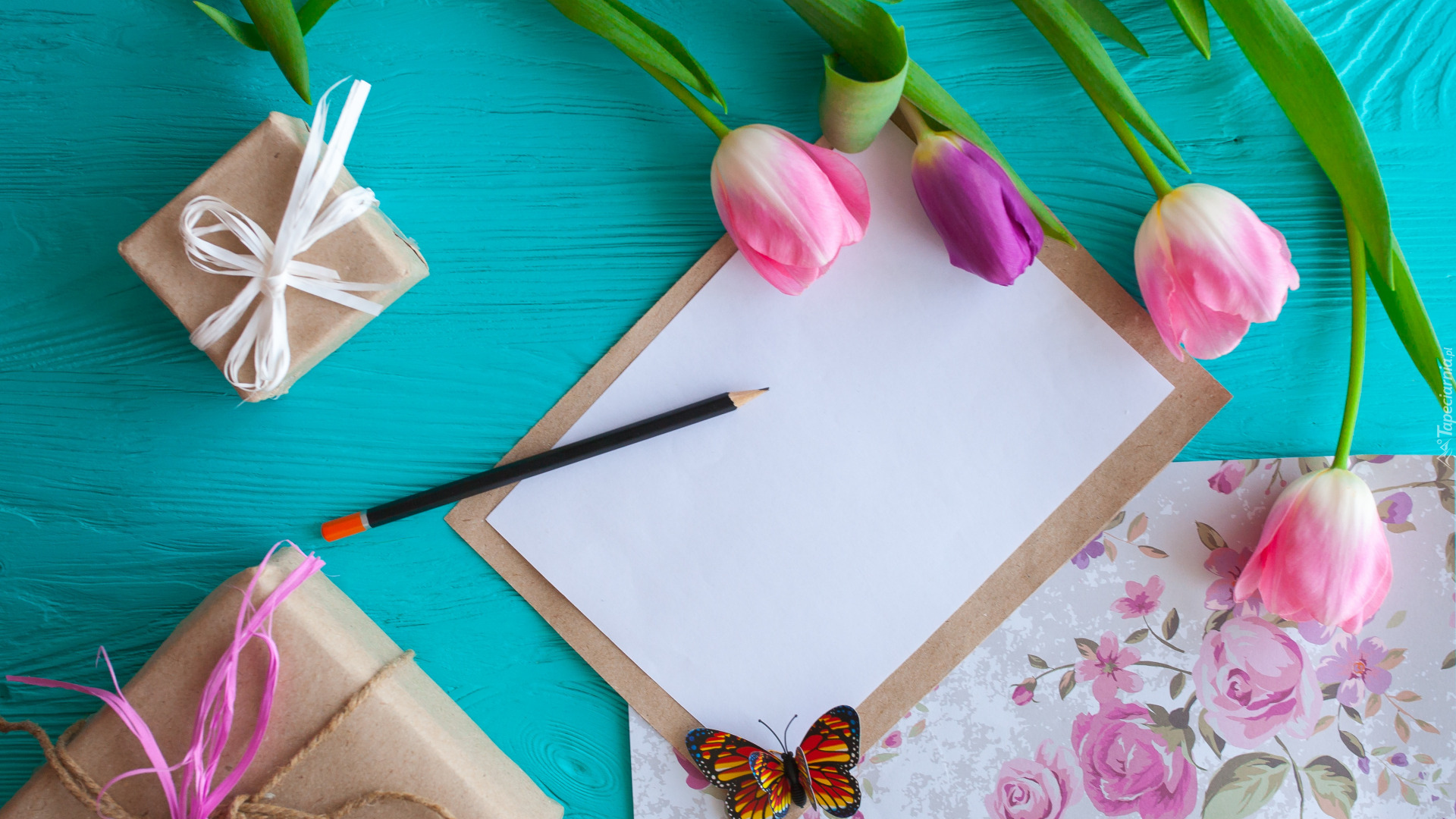 Notes, Ołówek Kwiaty, Tulipany, Motylek, Kolorowy, Papier, Opakowane, Pudełka, Prezenty