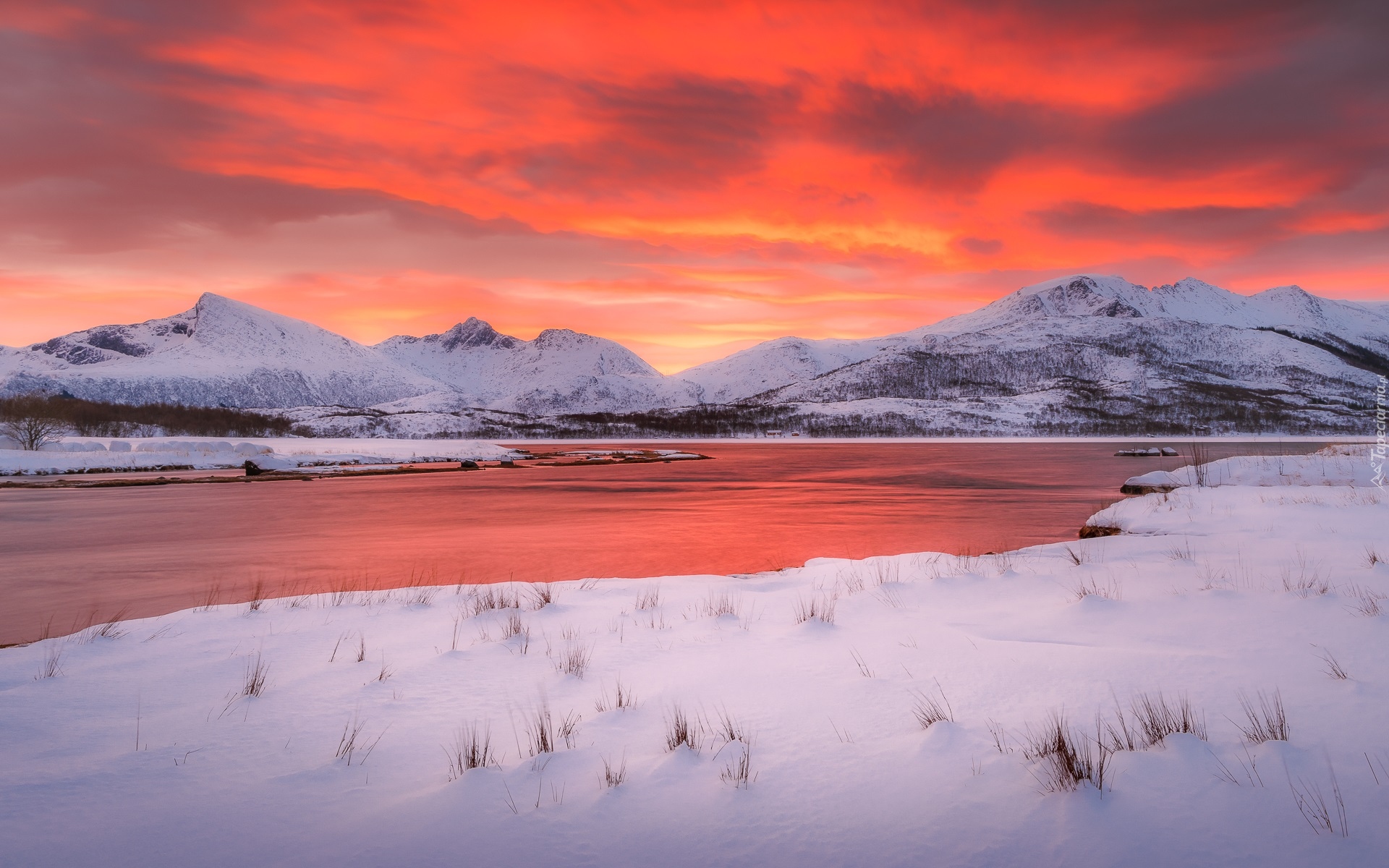 Zima, Góry, Rzeka, Zachód słońca, Norwegia