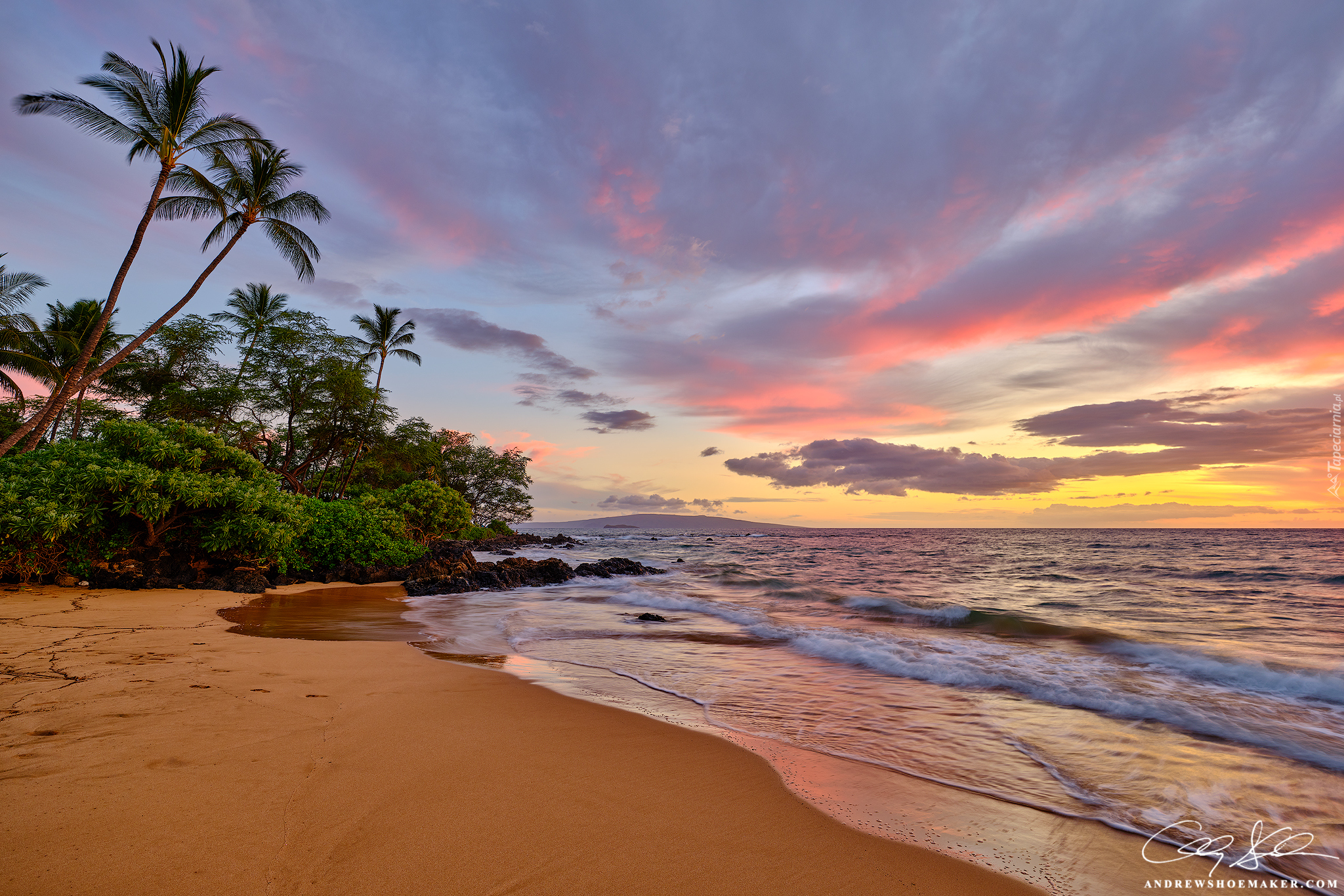 Zachód słońca, Plaża, Morze, Palmy, Chmury, Maui, Hawaje, Stany Zjednoczone