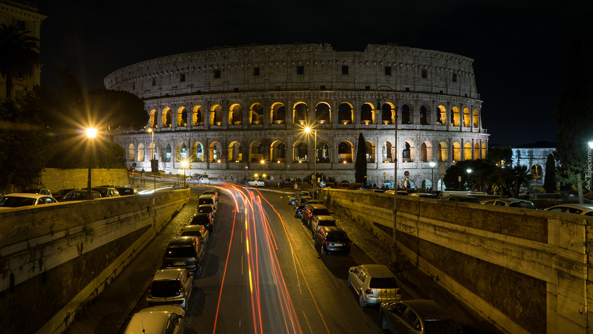Włochy, Rzym, Amfiteatr, Koloseum, Droga, Oświetlenie, Noc