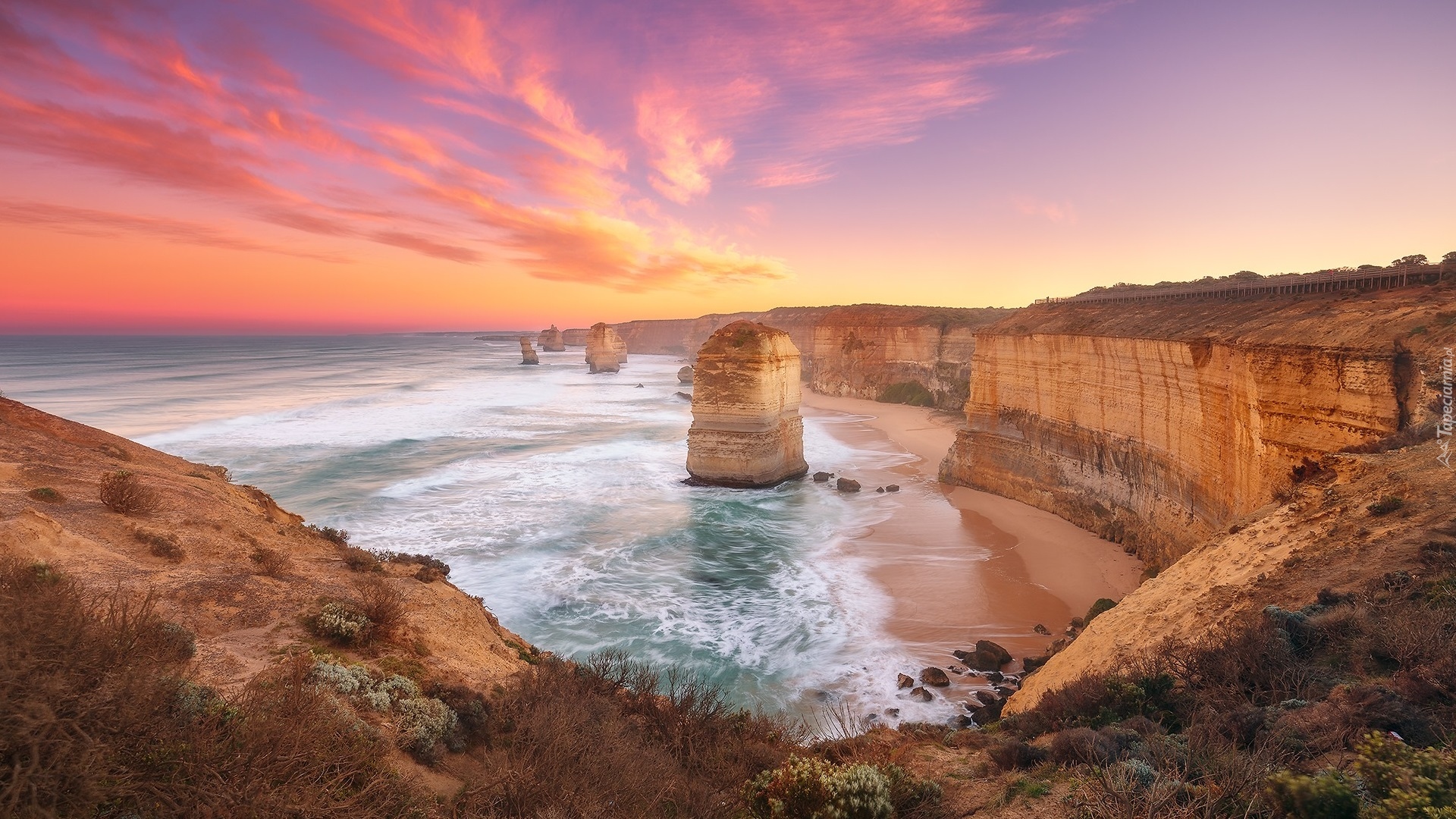 Kolumny wapienne, Dwunastu Apostołów, Klif, Cieśnina Bassa, Morze, Skały, Wybrzeże, Zachód słońca, Park Narodowy Port Campbell, Australia