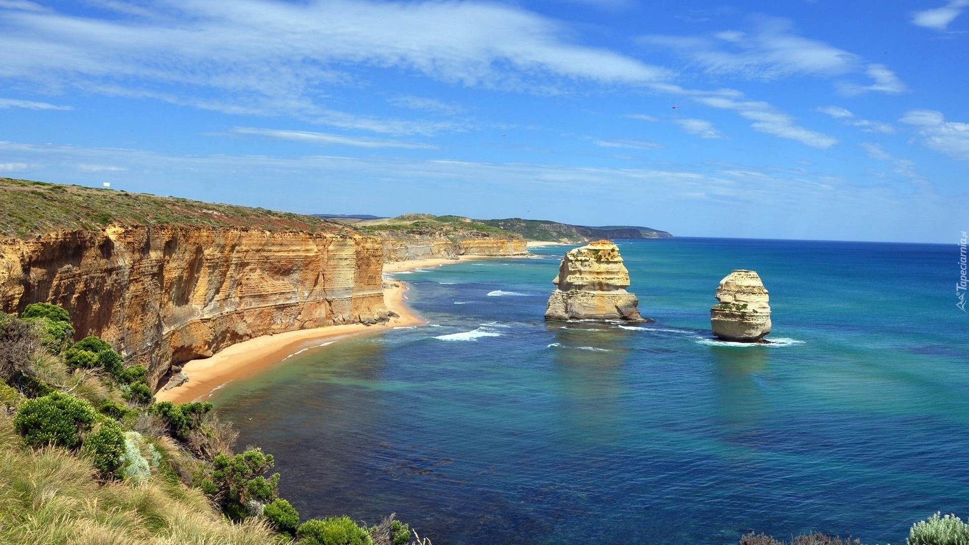 Australia, Park Narodowy Port Campbell, Cieśnina Bassa, Kolumny wapienne, Dwunastu Apostołów, Klif, Ocean, Plaża, Niebo, Skały,   Morze