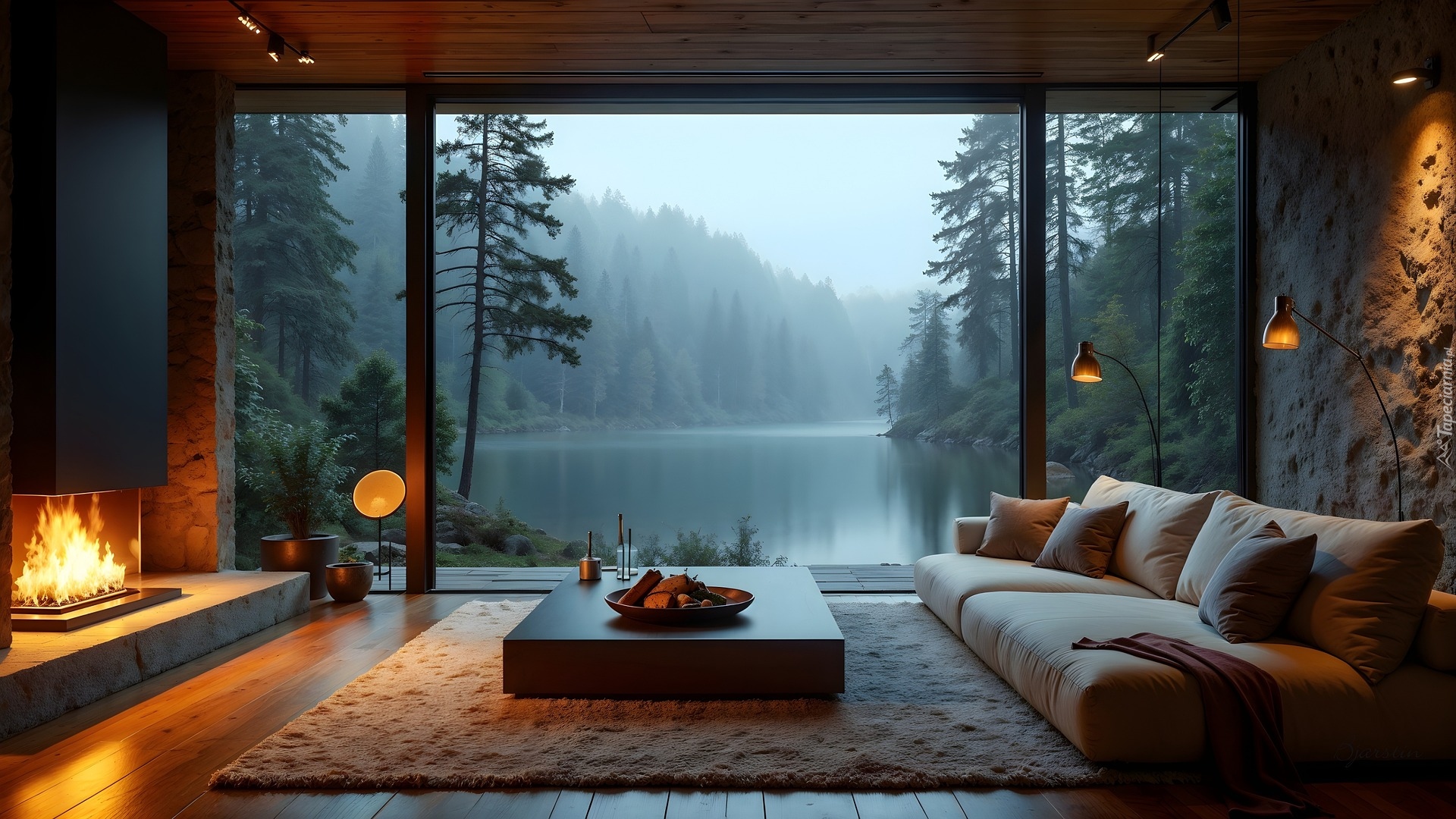 Salon, Kominek, Kanapa, Okno, Widok, Rzeka, Las