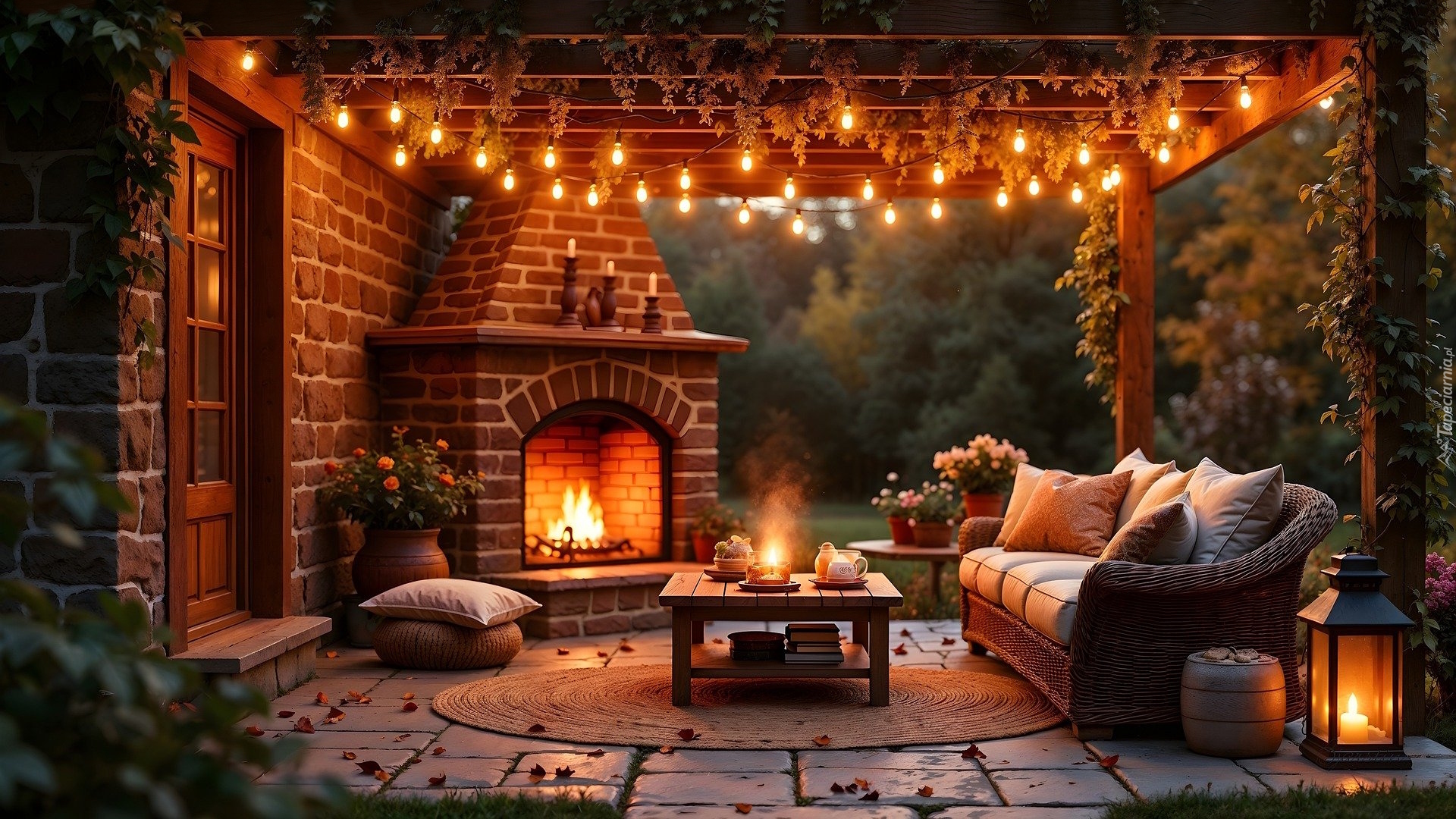 Dom, Taras, Kominek, Lampki, Stół, Sofa, Latarnia