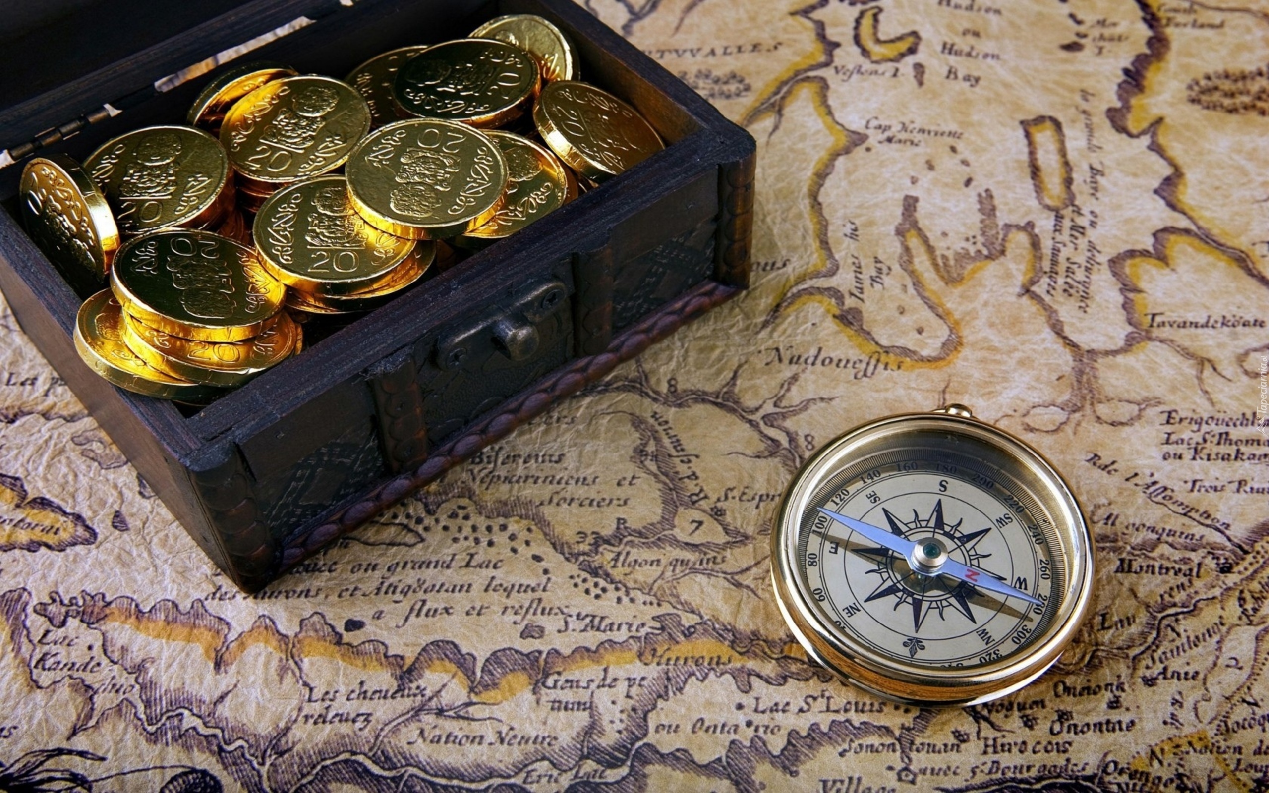 Pudełko, Mapa, Monety, Kompas