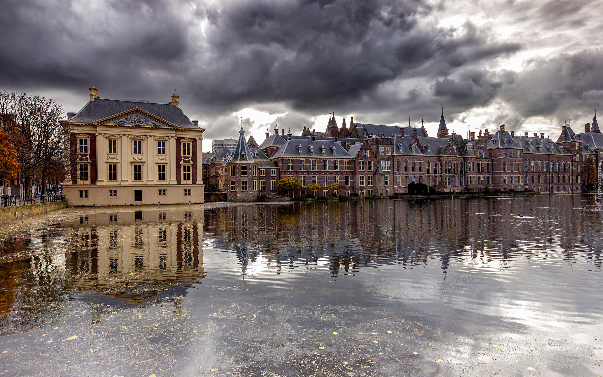 Holandia, Haga, Binnenhof, Jezioro Hofvijver, Domy, Niebo, Chmury