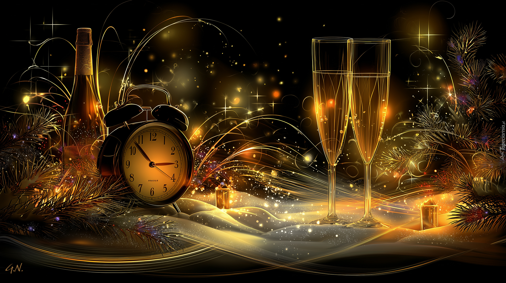 Zegar, Kieliszki, Szampan, Nowy Rok, Grafika AI