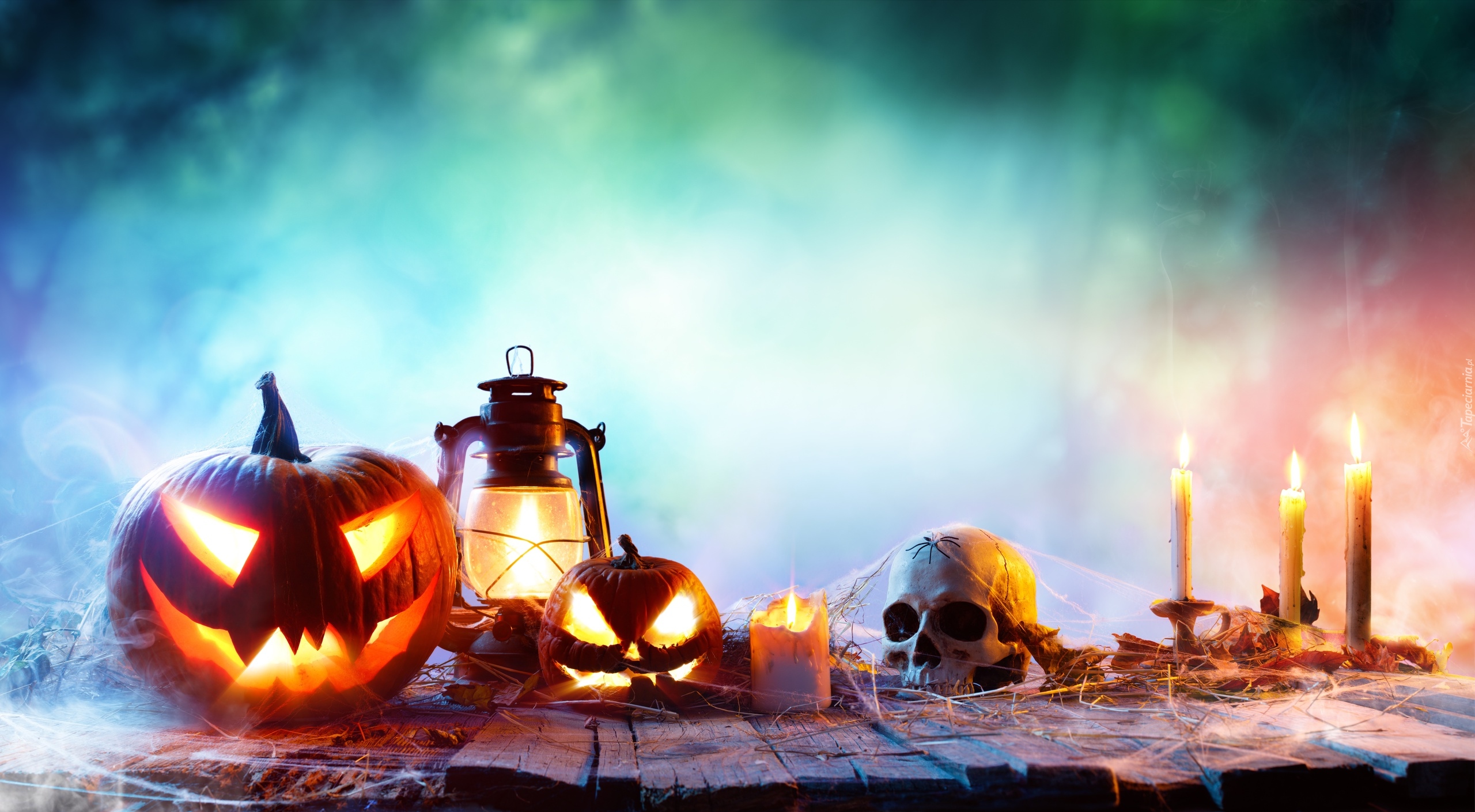 Dynie, Lampa, Świece, Czaszka, Halloween