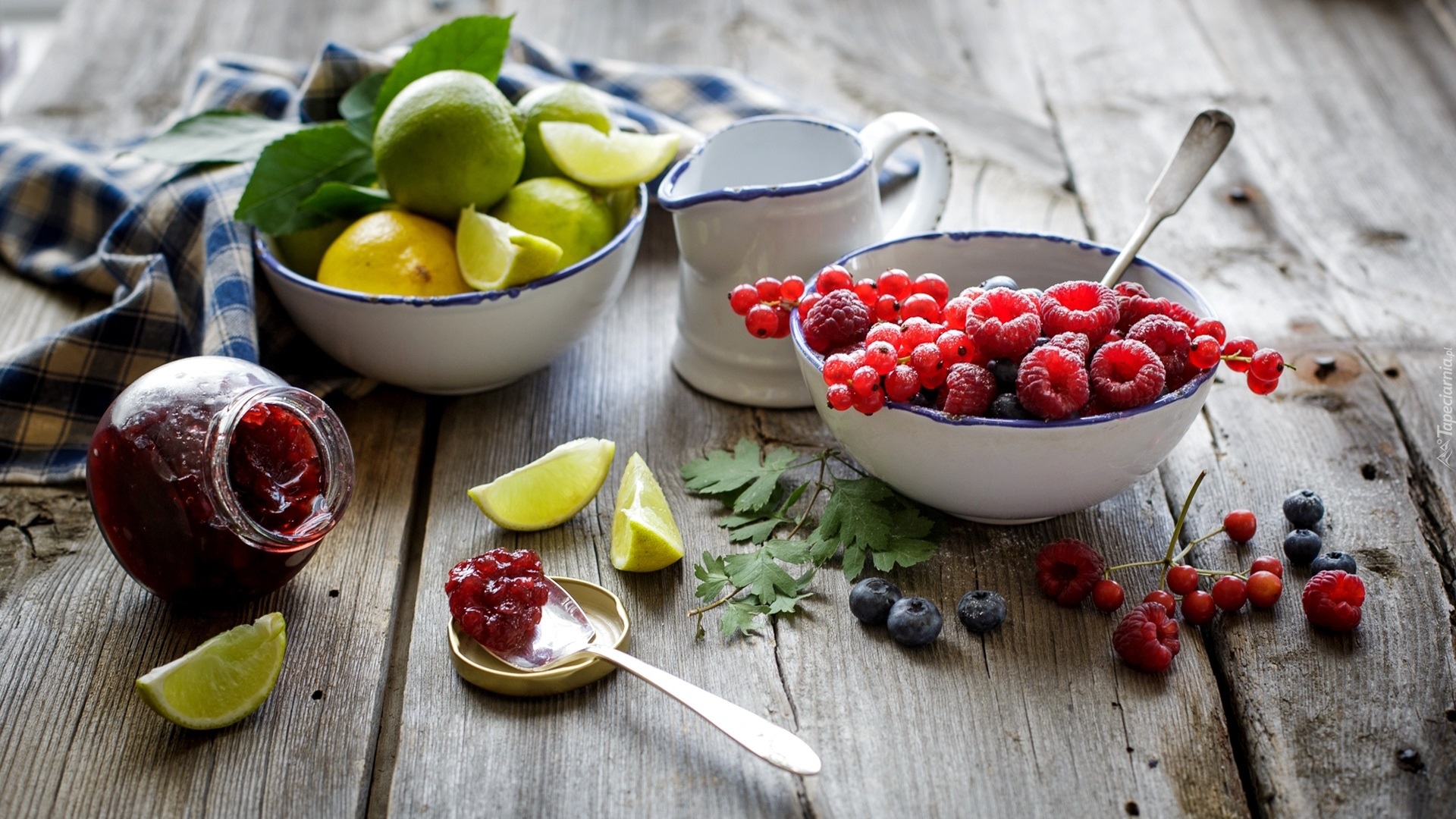 Owoce, Maliny, Porzeczka, Cytryny, Limonki, Miseczki, Dzbanuszek