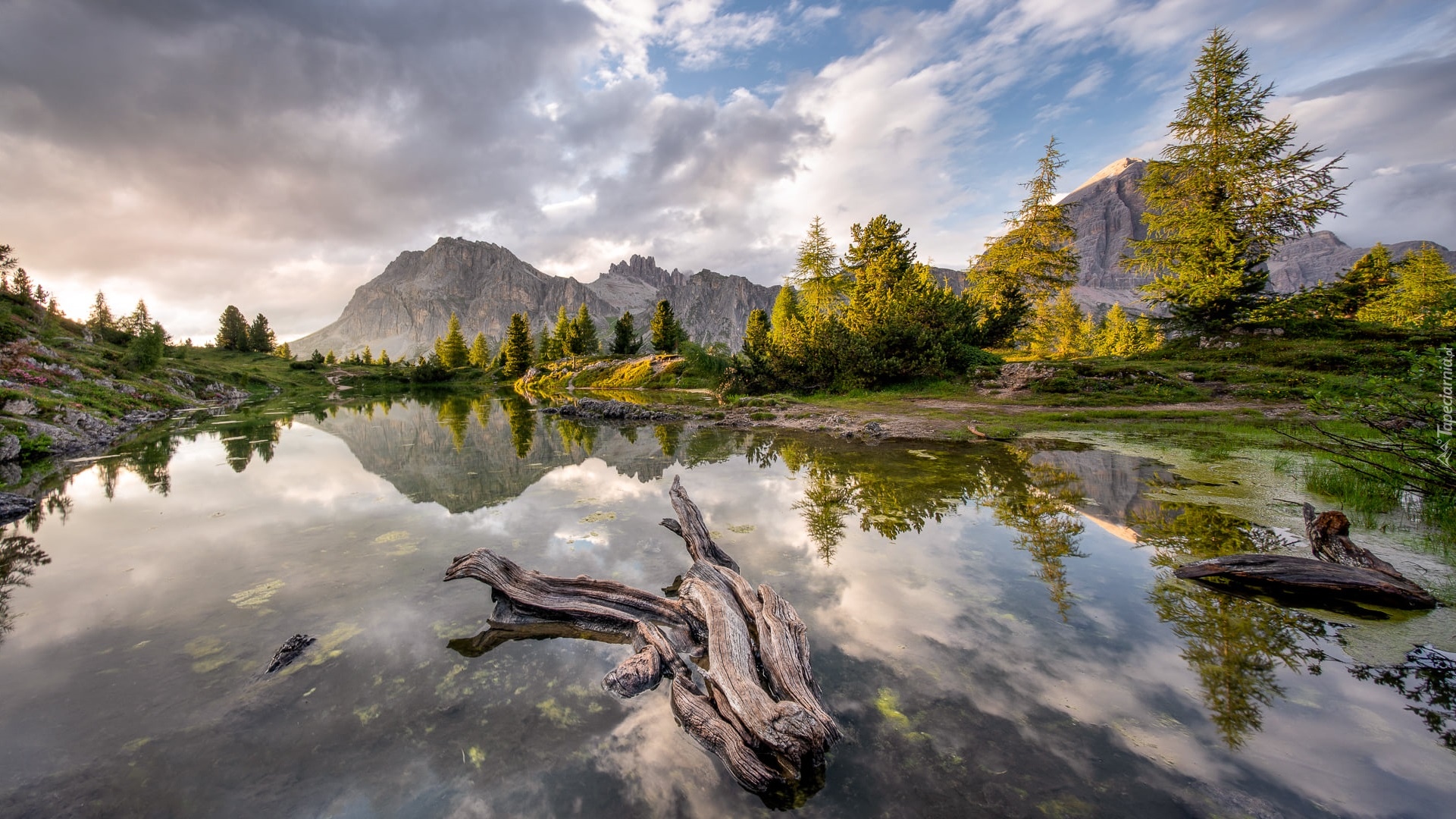 Góry, Dolomity, Jezioro, Lago Limides, Chmury, Drzewa, Tyrol, Włochy