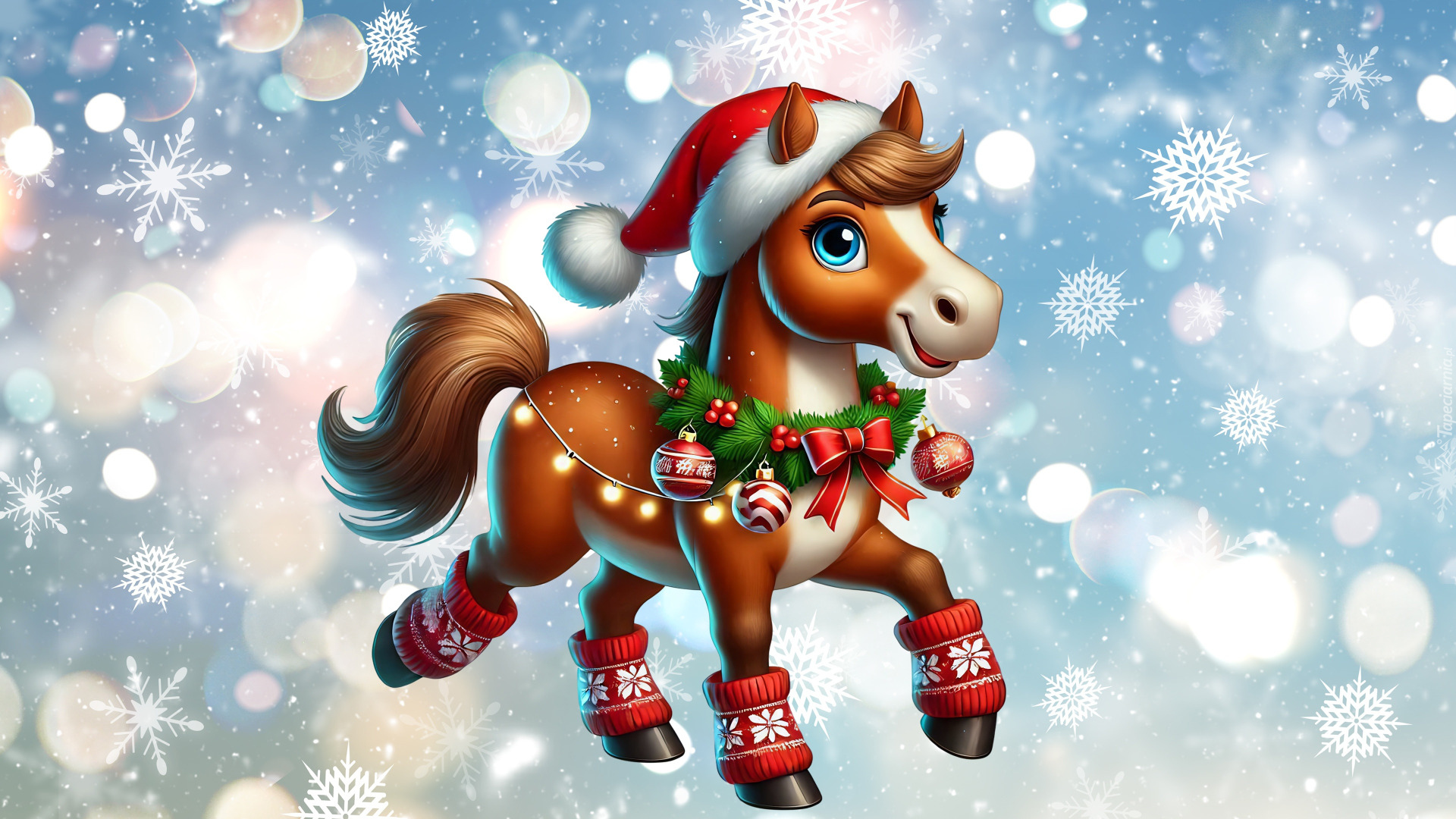 Konik, Pony, Czapka, Mikołaja, Wianek, Bombki, Płatki, Świąteczne, AI