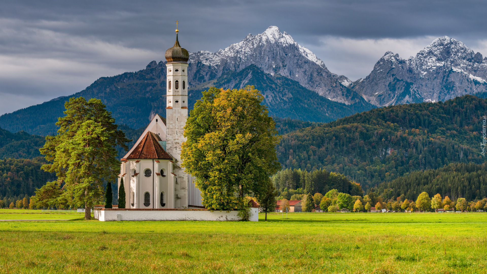 Góry, Alpy, Kościół, Eglise Saint Coloman, Drzewa, Region Allgau, Bawaria, Niemcy