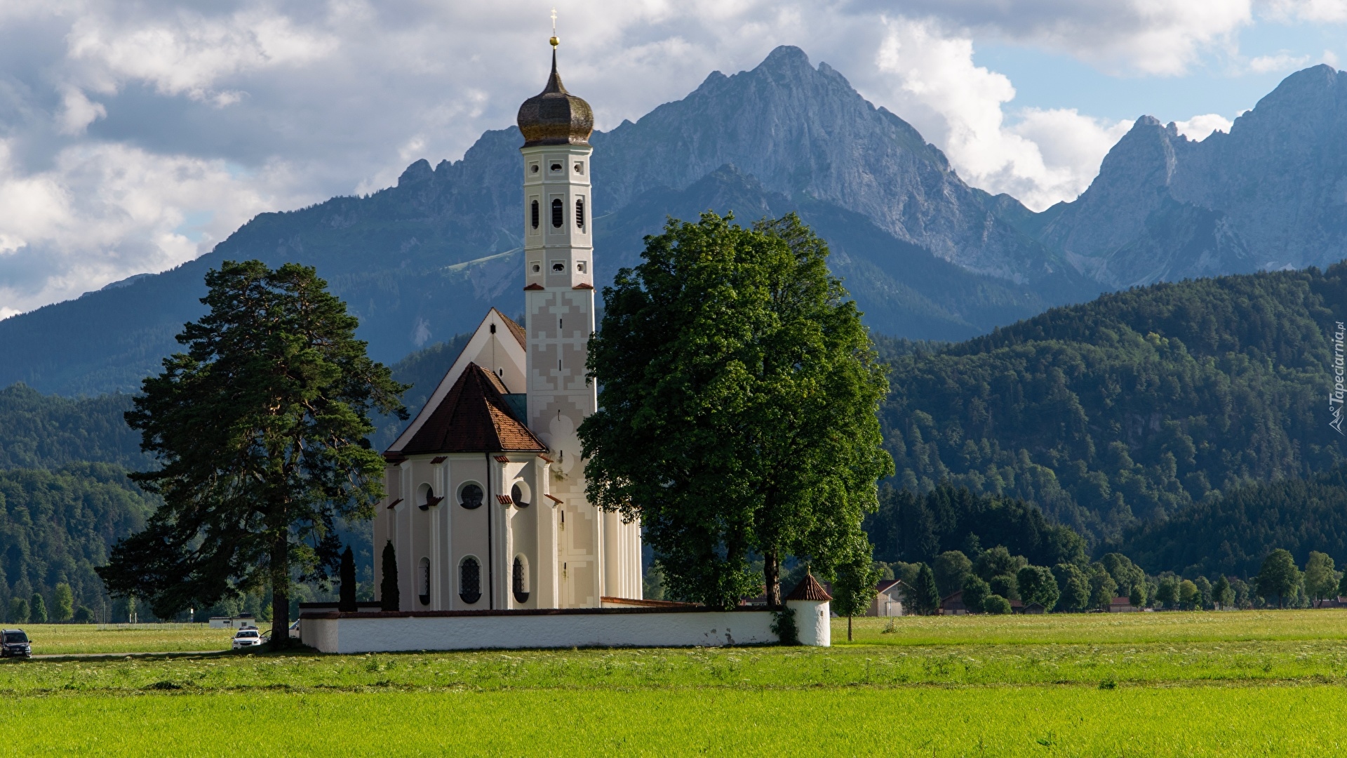 Kościół, Eglise Saint Coloman, Góry Alpy, Las, Drzewa, Miejscowość Schwangau, Bawaria, Niemcy