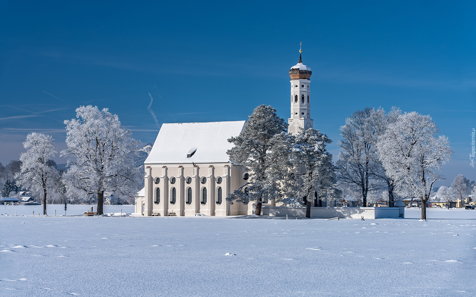 Zima, Góry, Alpy, Drzewa, Kościół, Eglise Saint Coloman, Region Allgau, Bawaria, Niemcy