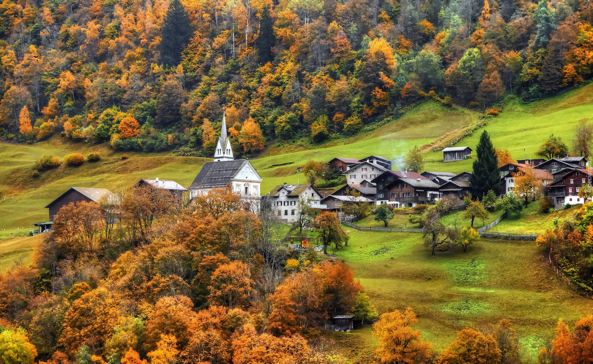 Szwajcaria, Kanton Graubunden, Region Surselva, Góry, Alpy, Jesień, Kościół, Domy, Drzewa