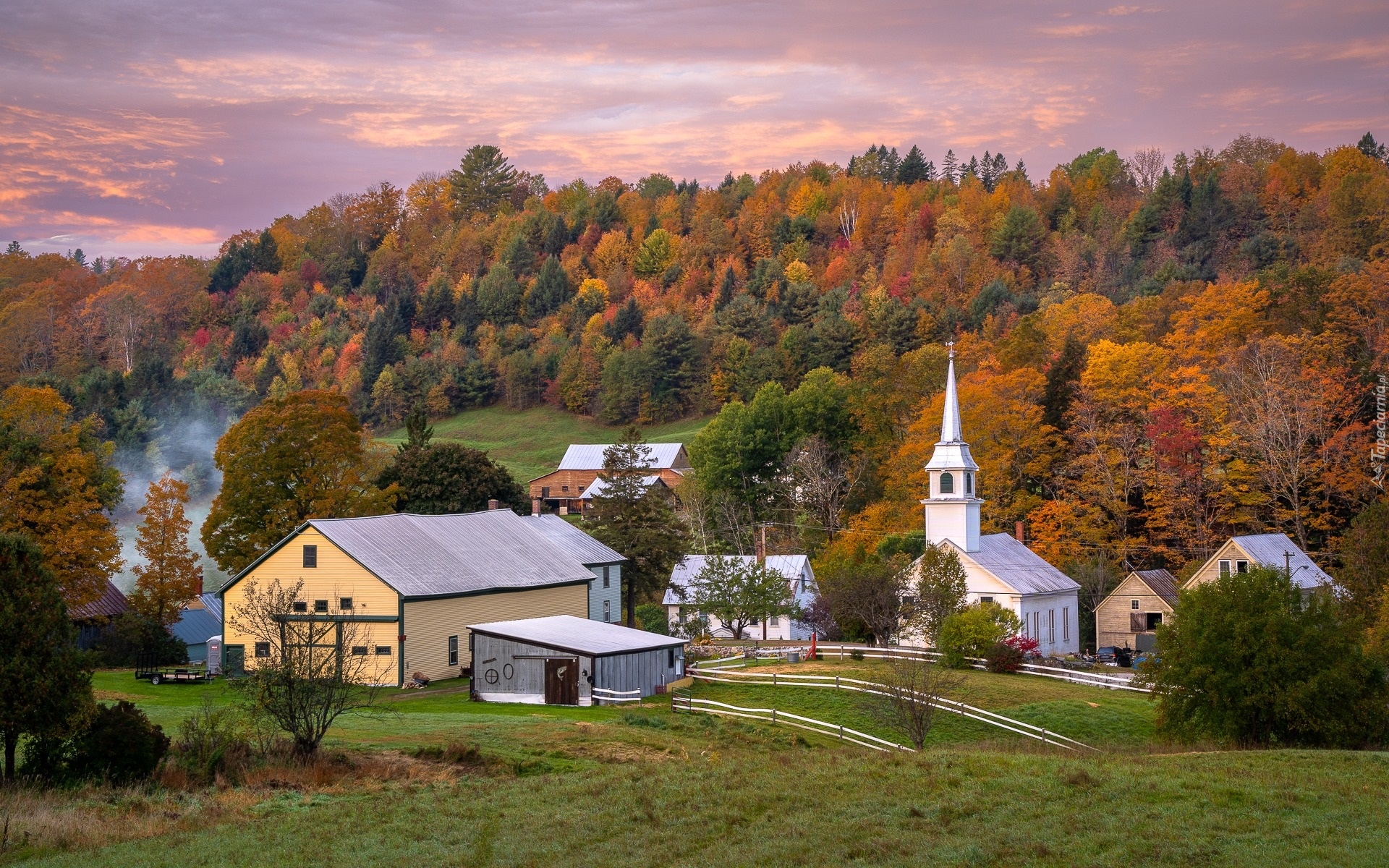 Wioska, East Cornith, Domy, Kościół, Las, Drzewa, Jesień, Vermont, Stany Zjednoczone