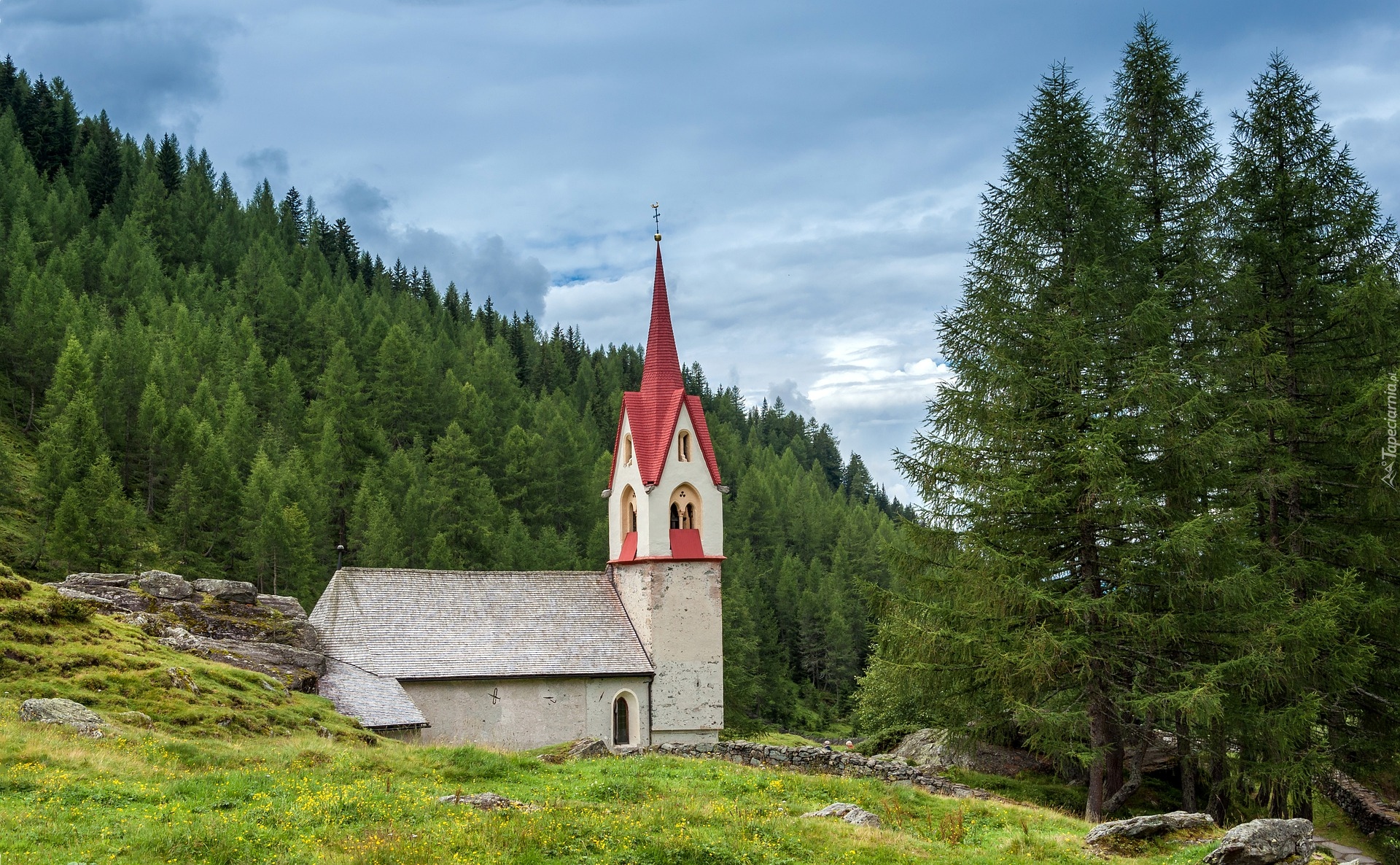 Kaplica, Kościół, Drzewa, Dolina