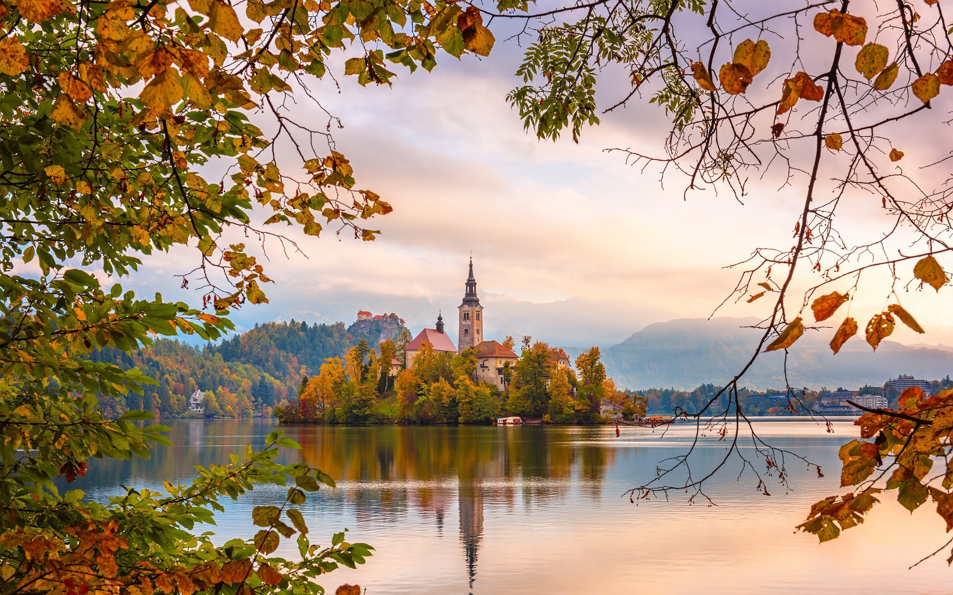 Słowenia, Wyspa Blejski Otok, Jezioro Bled, Kościół, Góry, Mgła, Drzewa, Gałęzie, Jesień