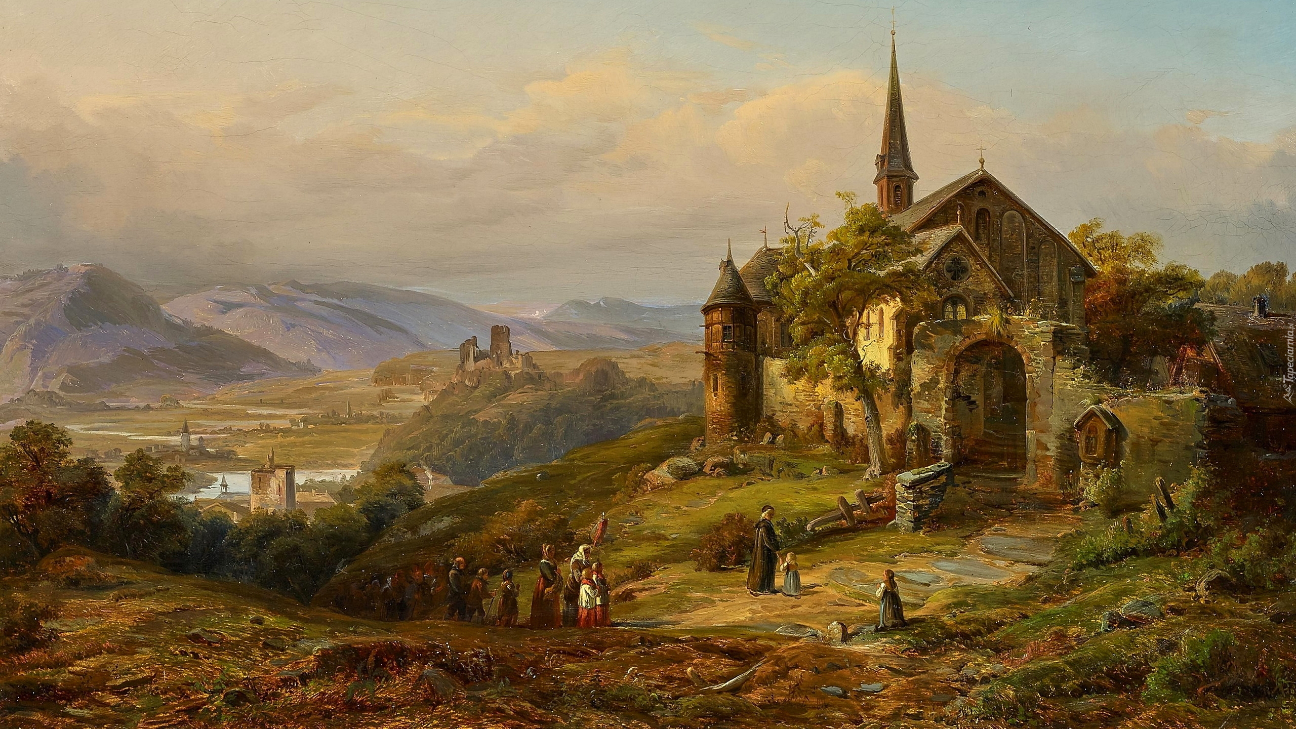 Obraz, Malarstwo, Peter Joseph Minjon, Kościół, Ludzie, Góry, Wzgórza