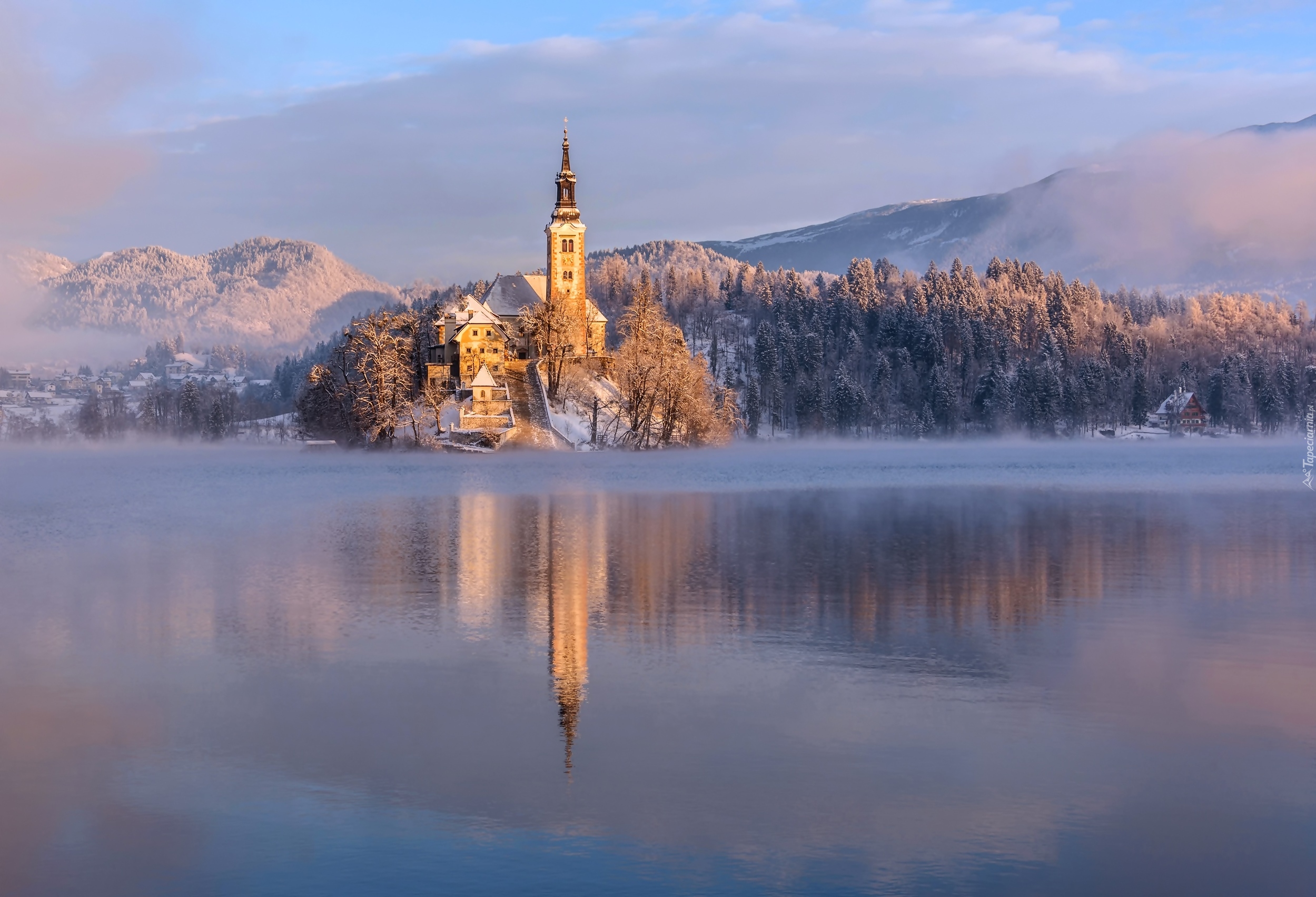 Słowenia, Jezioro Bled, Zima, Kościół