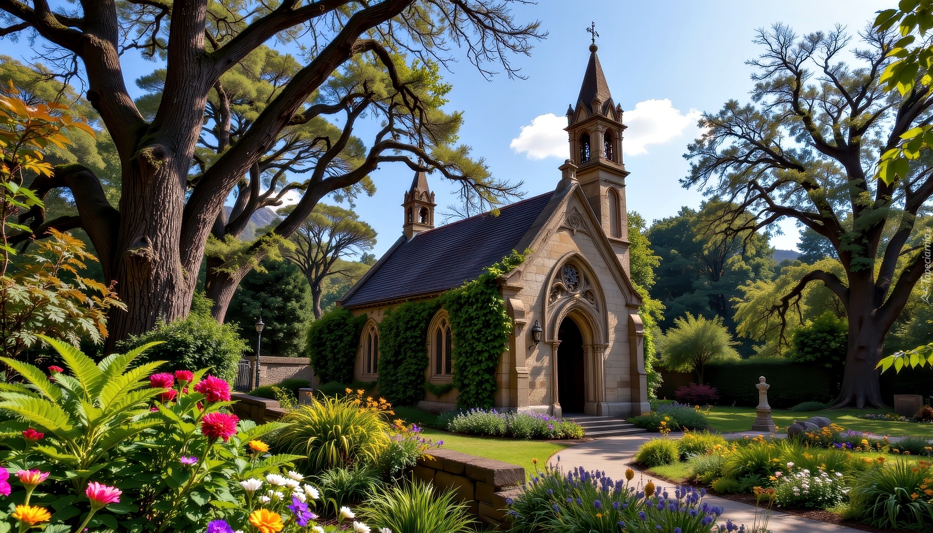 Kościół, Kwiaty, Drzewa, Grafika AI