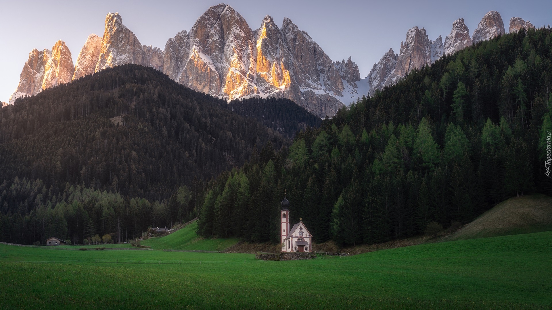 Kościół św Jana, Las, Góry, Dolina, Val di Funes, Góry, Dolomity, Włochy