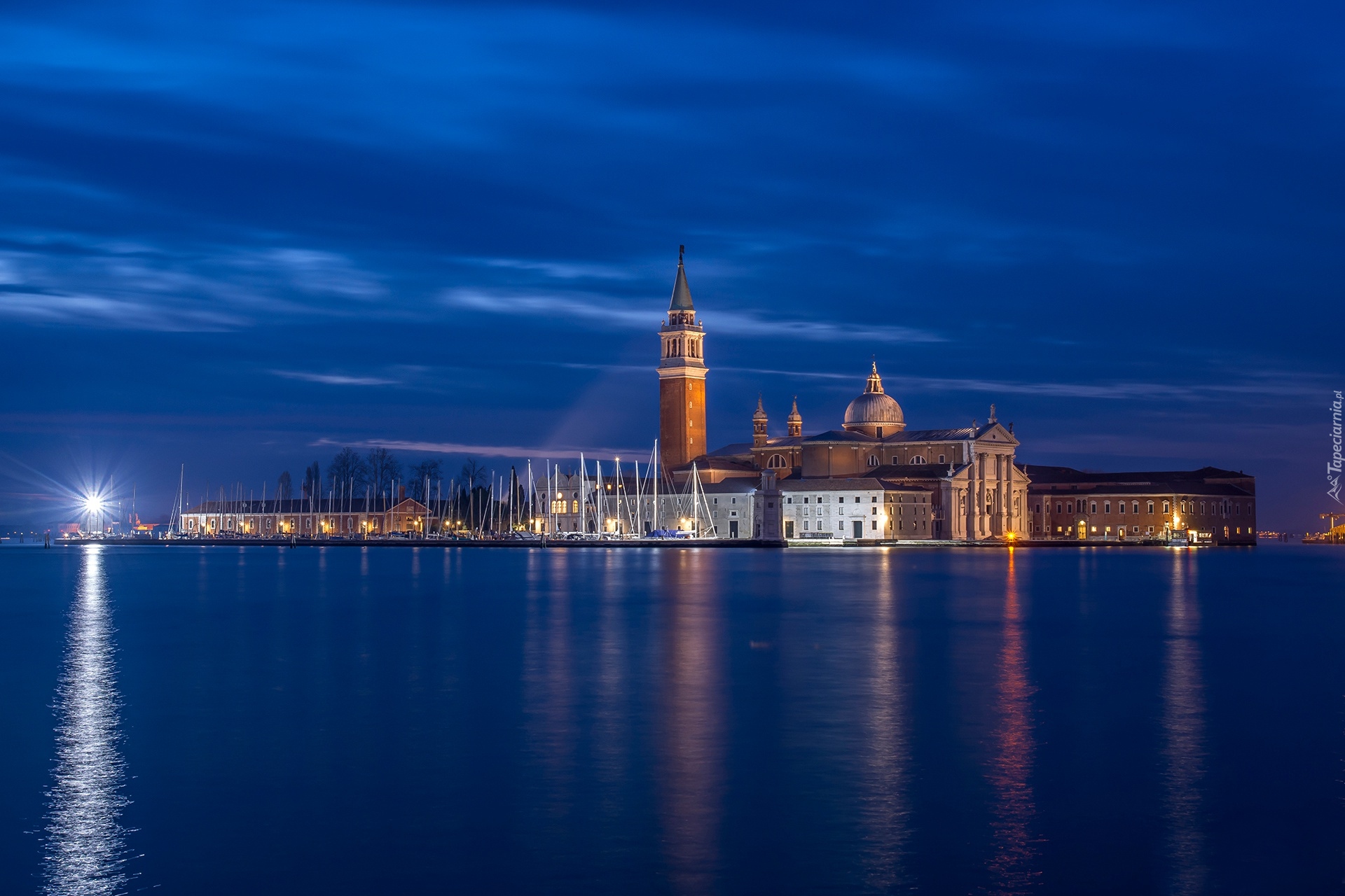 Włochy, Wenecja, Wyspa San Giorgio, Żaglówki, Noc, Latarnia, Światło, Kościół San Giorgio Maggiore