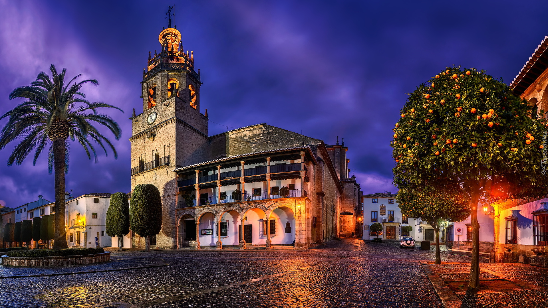 Kościół, Church Santa Maria la Mayor, Palma, Drzewo, Droga, Ronda, Prowincja Malaga, Hiszpania