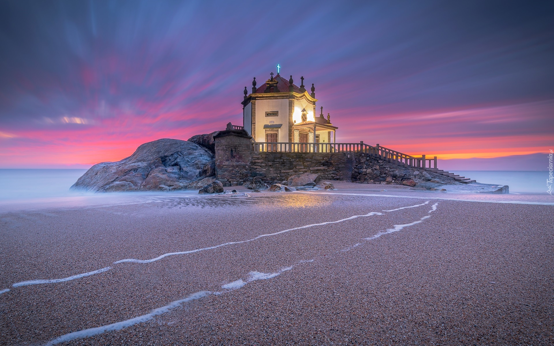 Portugalia, Praia de Miramar, Morze, Kościół, Senhor da Pedra, Skały, Zachód słońca