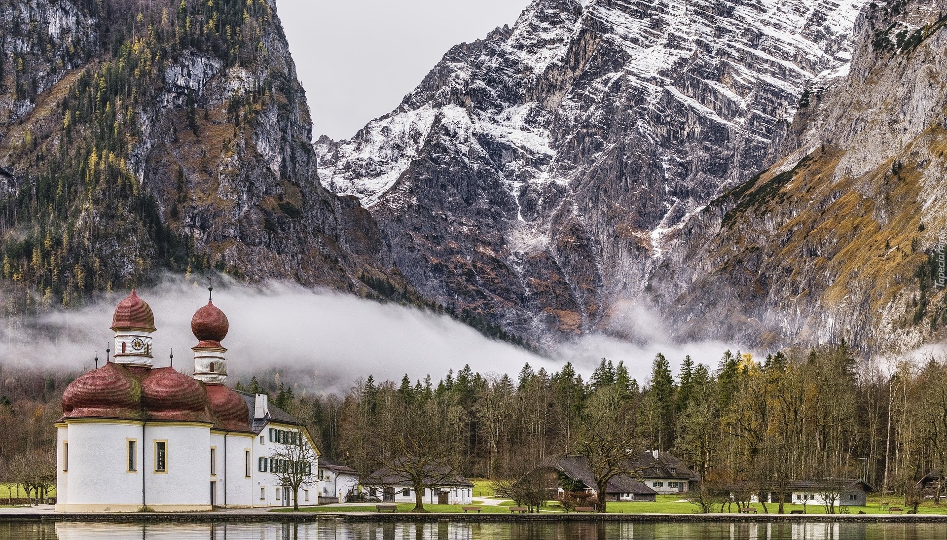 Niemcy, Bawaria, Miejscowość Schönau am Königssee, Jezioro Königssee, Kościół św. Bartłomieja, Góry