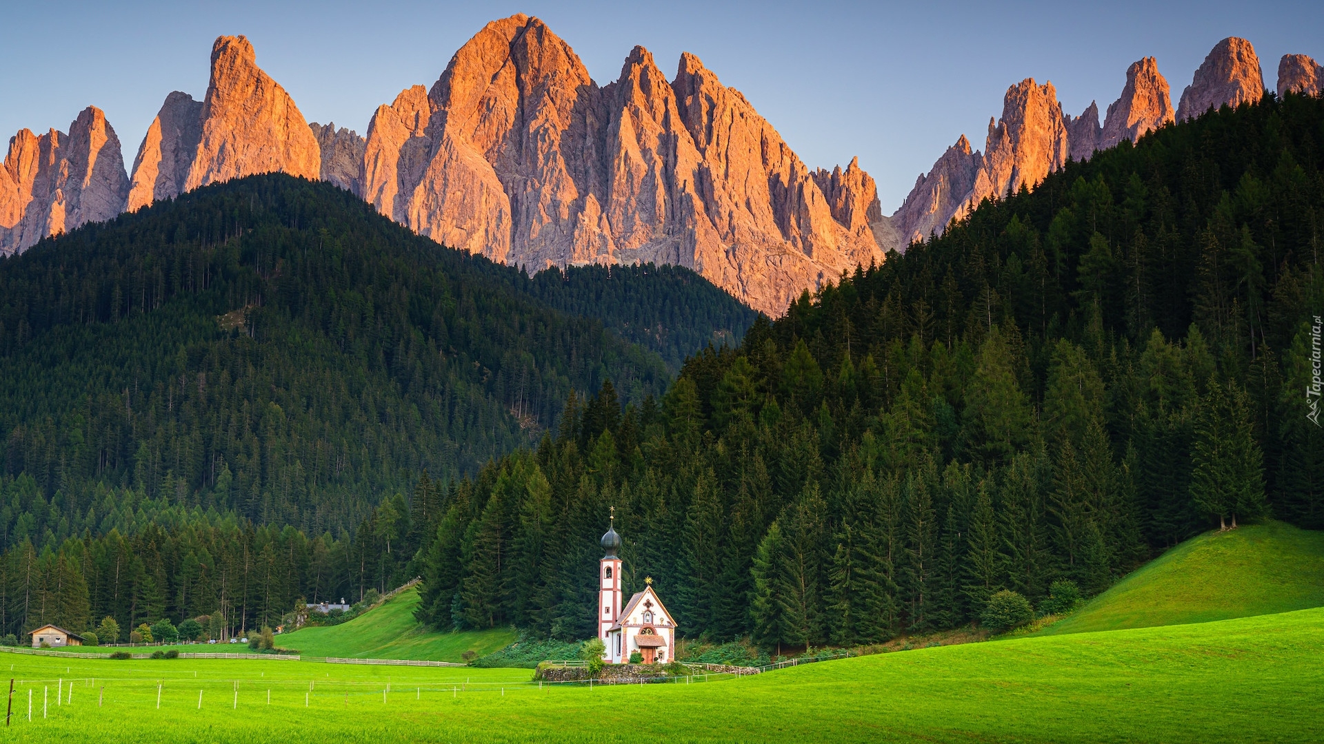 Włochy, Południowy Tyrol, Góry, Dolomity, Kościół św Jana, Wieś, Santa Maddalena, Dolina Val di Funes, Drzewa, Trawa