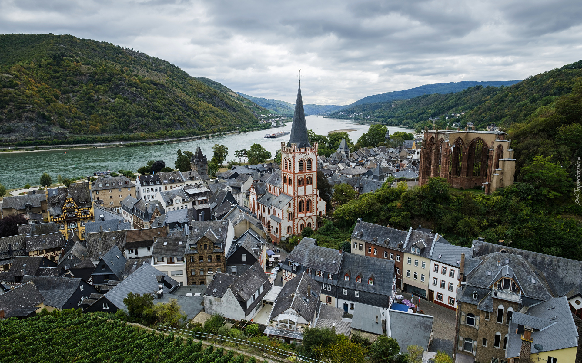 Niemcy, Powiat Mainz-Bingen, Bacharach, Kościół św Piotra, Kaplica Wernera, Wernerkapelle, Rzeka Ren, Domy, Góry