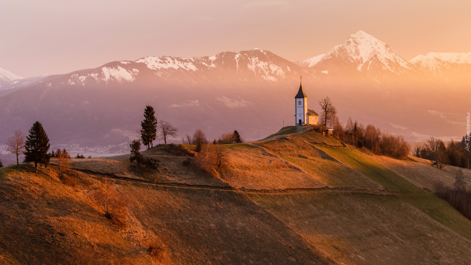 Kościół św Primusa i Felicjana, Wzgórze, Mgła, Góry, Drzewa, Jesień, Wieś Jamnik, Słowenia