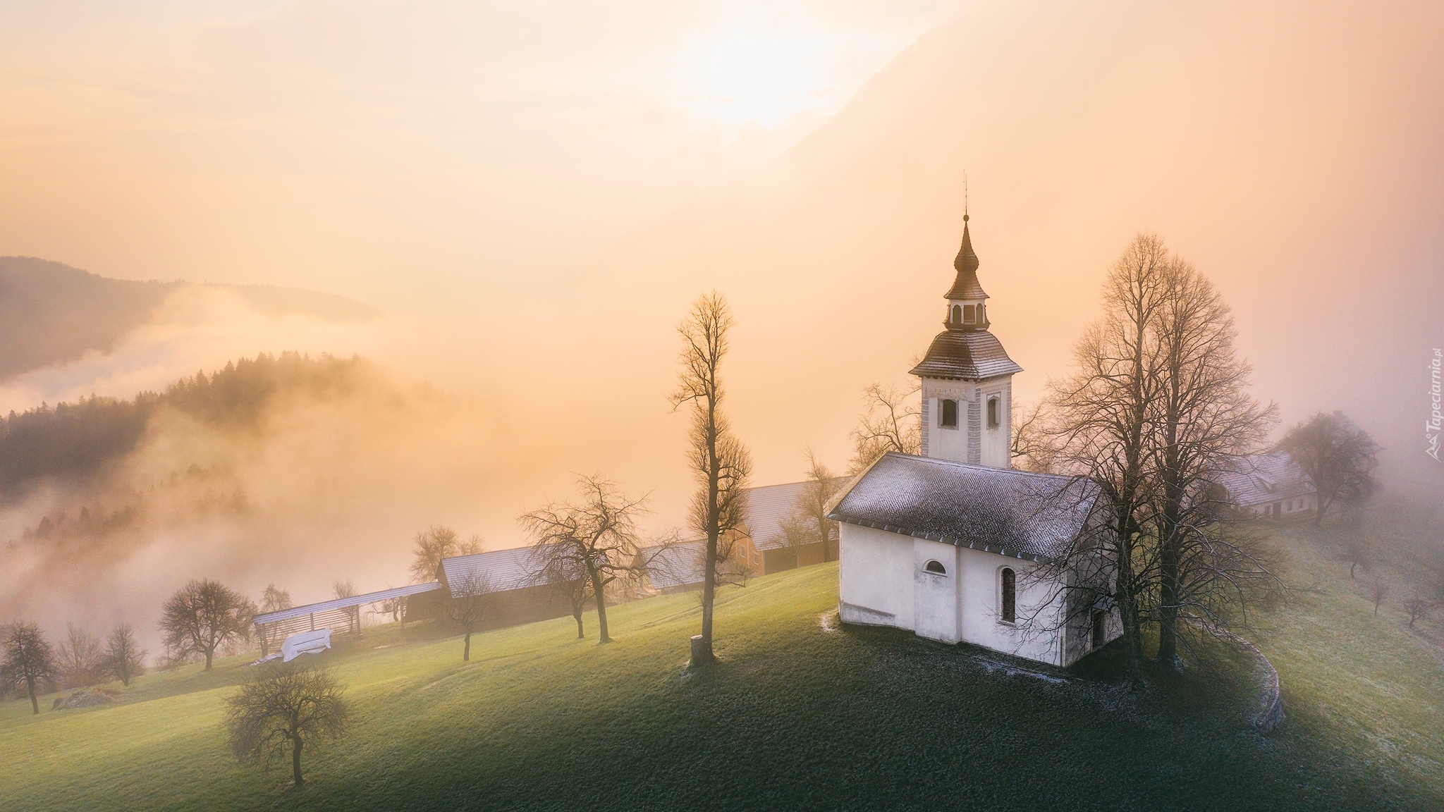 Kościół św Primusa i Felicjana, Przebijające światło, Mgła, Wzgórze, Góry, Drzewa, Jesień, Wieś Jamnik, Słowenia
