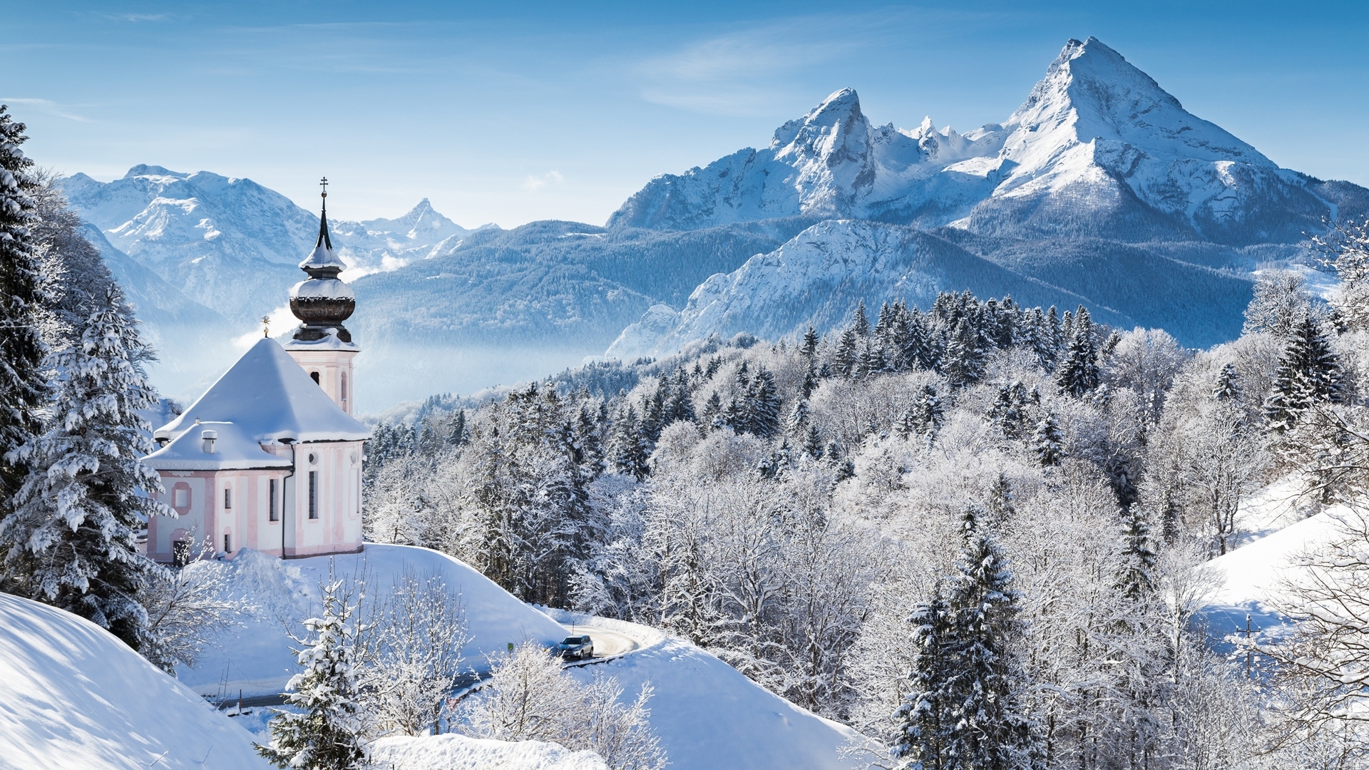 Zima, Góry, Las, Kościół, Droga, Samochód, Berchtesgaden