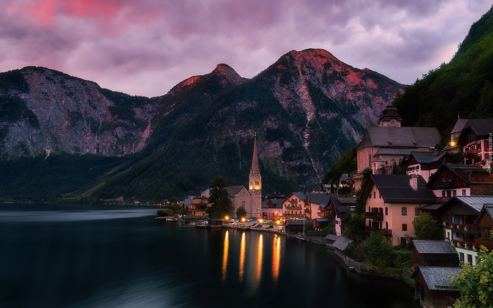 Austria, Hallstatt, Kościół, Jezioro Hallstattersee, Domy, Góry