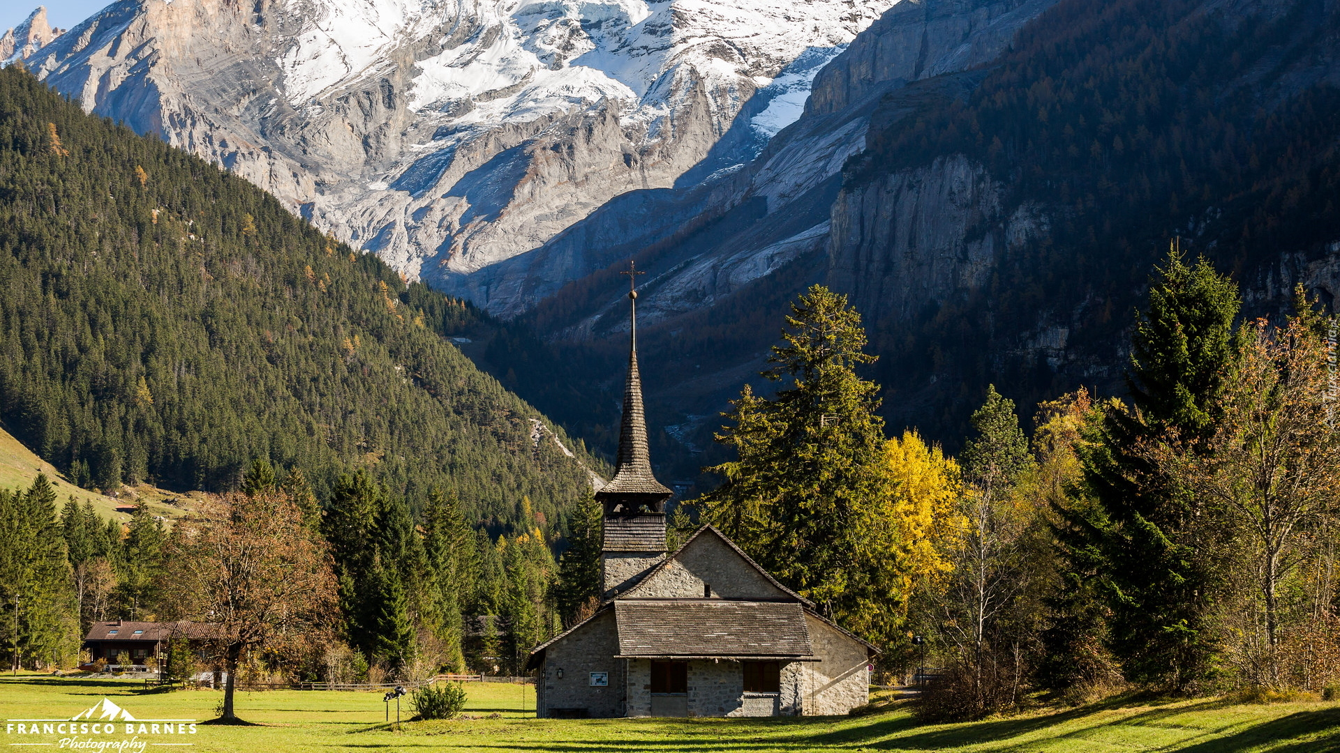 Góry, Alpy, Wzgórze, Drzewa, Kościół, Kandersteg, Kanton Berno, Szwajcaria