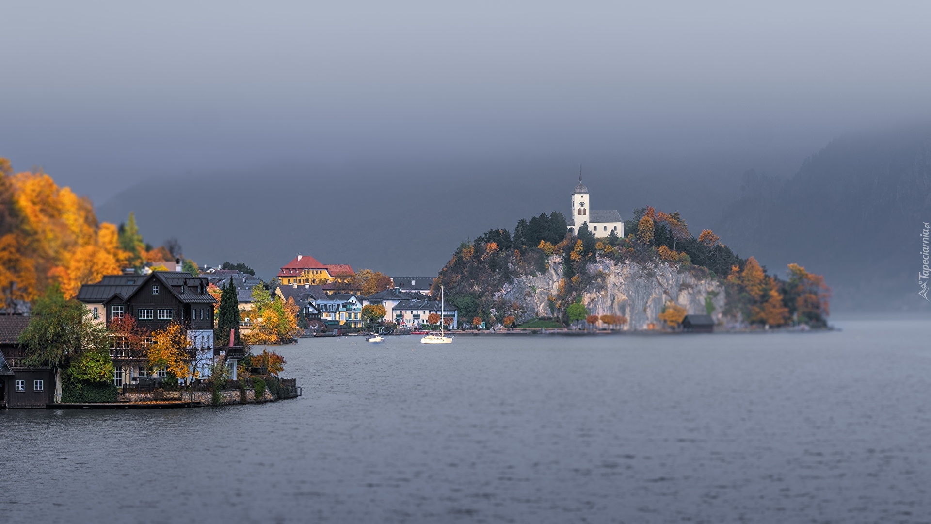 Jezioro Traunsee, Skała, Kościół w Traunkirchen, Jesień, Domy, Austria