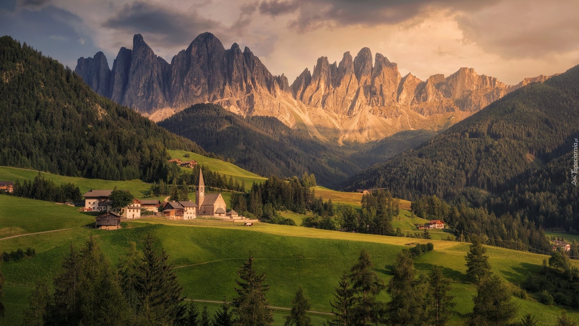 Góry, Dolomity, Masyw Odle, Wieś Santa Maddalena, Dolina Val di Funes, Drzewa, Lasy, Zabudowania, Kościół, Włochy